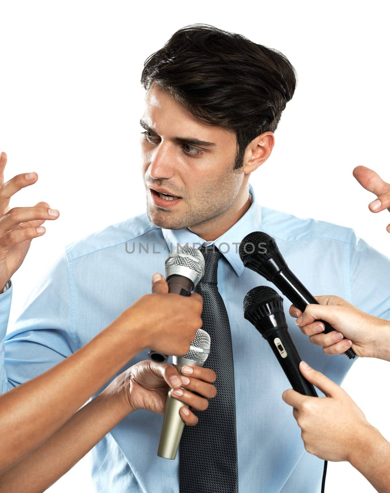 Reporter, studio microphone and interview for businessman, government worker or corporate speaker. Speech, communication and hands of news journalist asking question to politician on white background by YuriArcurs