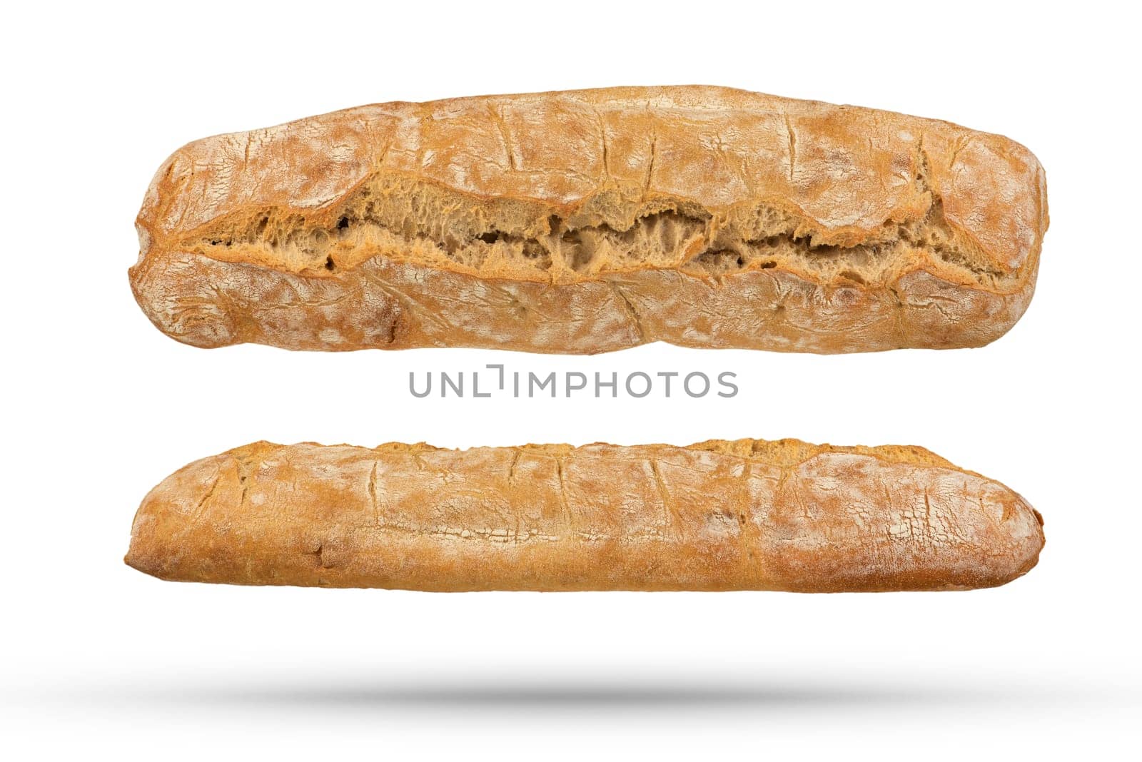 Loaf of Italian fresh ciabatta bread on a white isolated background. Loaf of bread isolate to insert into a design or project. Top view, side view. by SERSOL