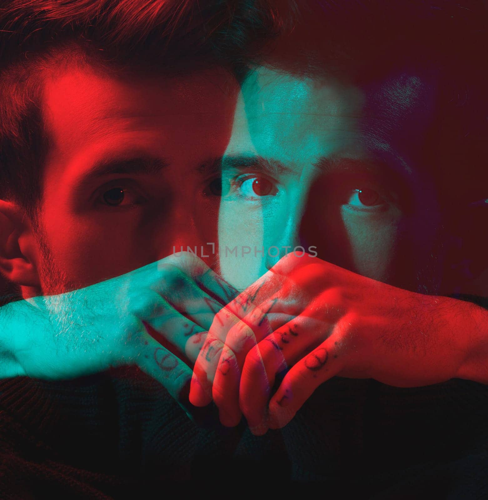 Man, face and hands with double exposure, portrait with neon lighting and fashion overlay, dark with special effects. Color, creative aesthetic and style, art and cosmetics with reflection.