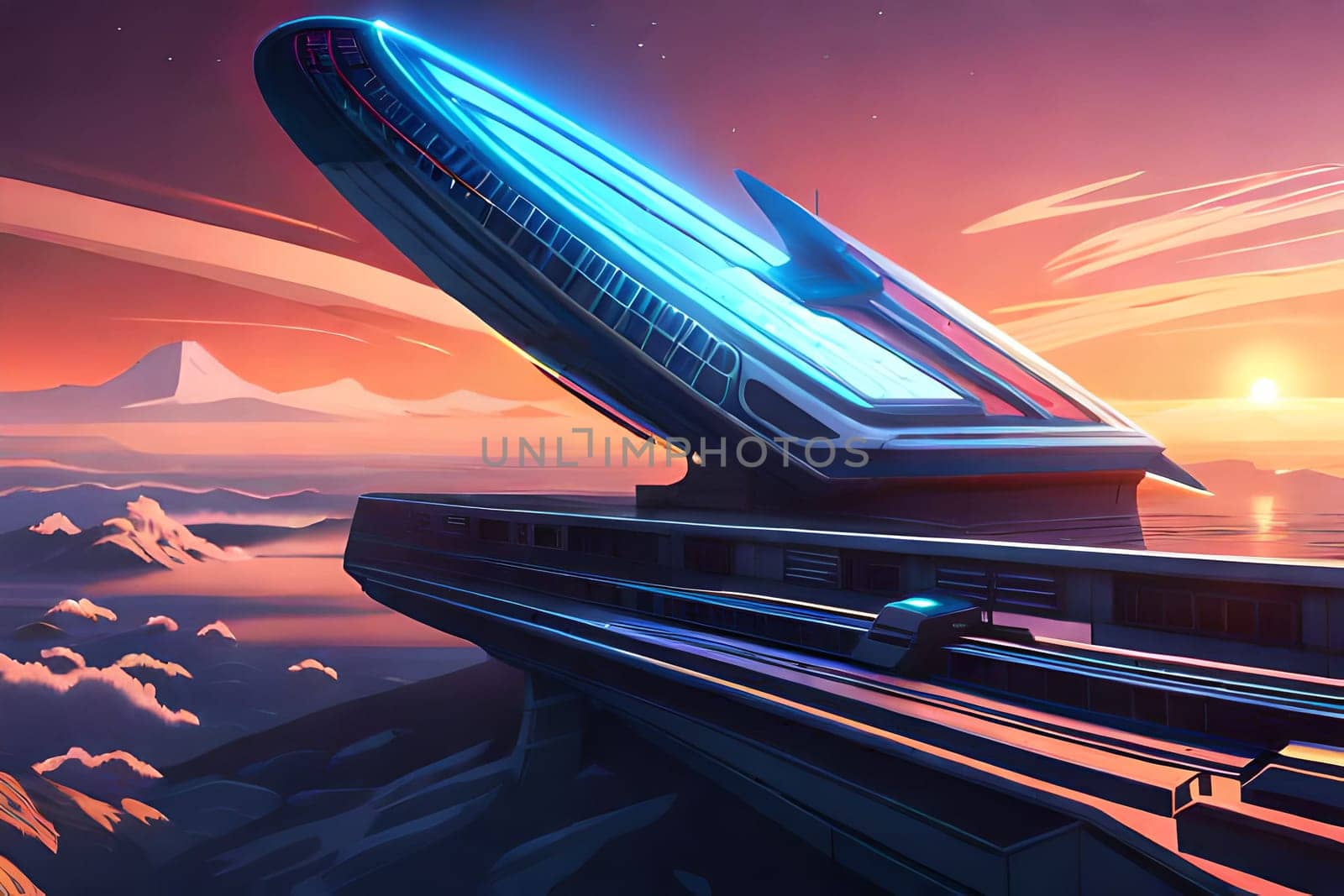 A futuristic scene with a spaceship in the distance and a planet in the background. flying passenger train. Future concept Generative AI