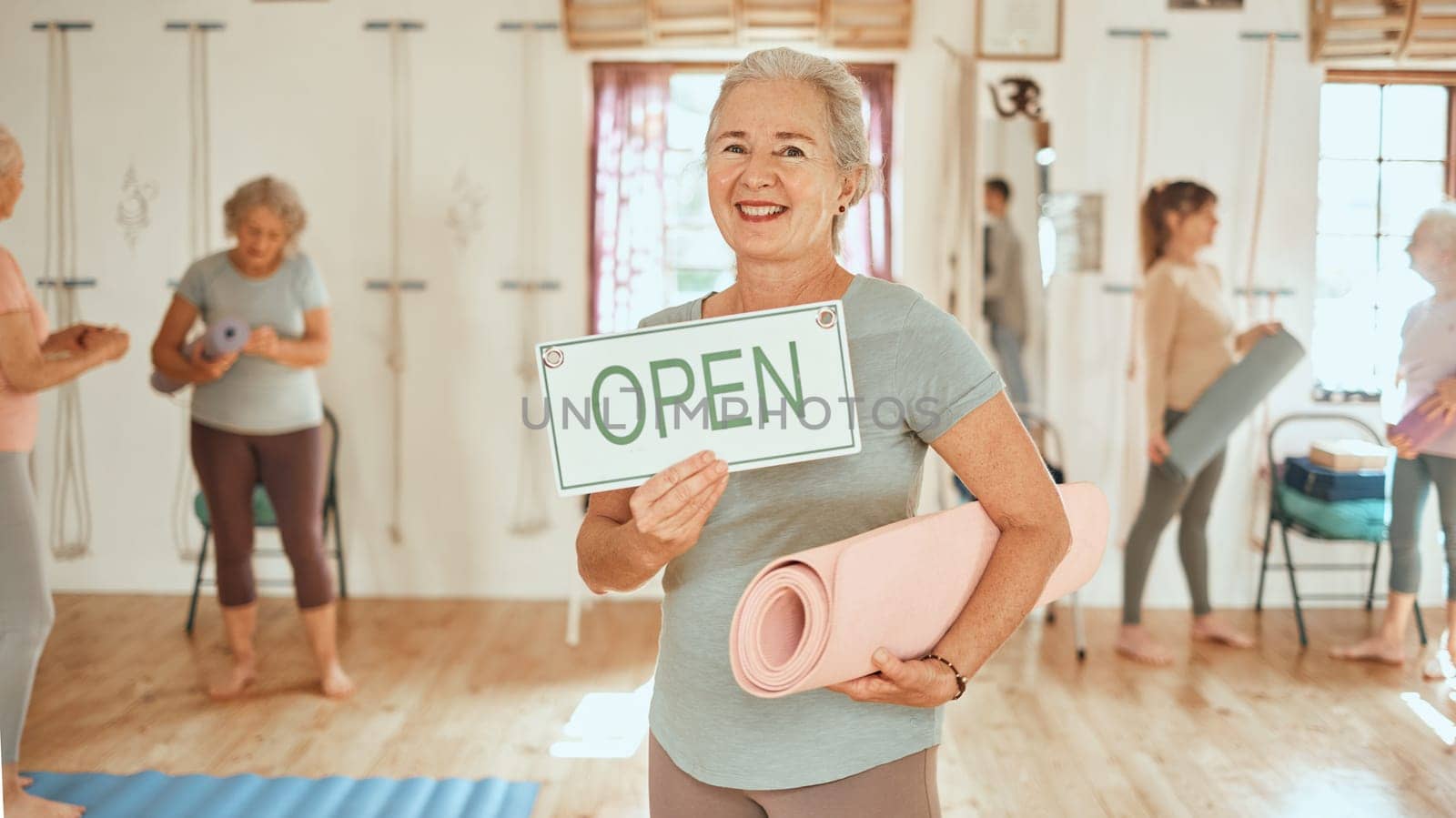 Yoga, open sign and elderly woman in studio with fitness for mature women, exercise and pilates for health and wellness. Balance, zen and workout portrait, training motivation for senior people