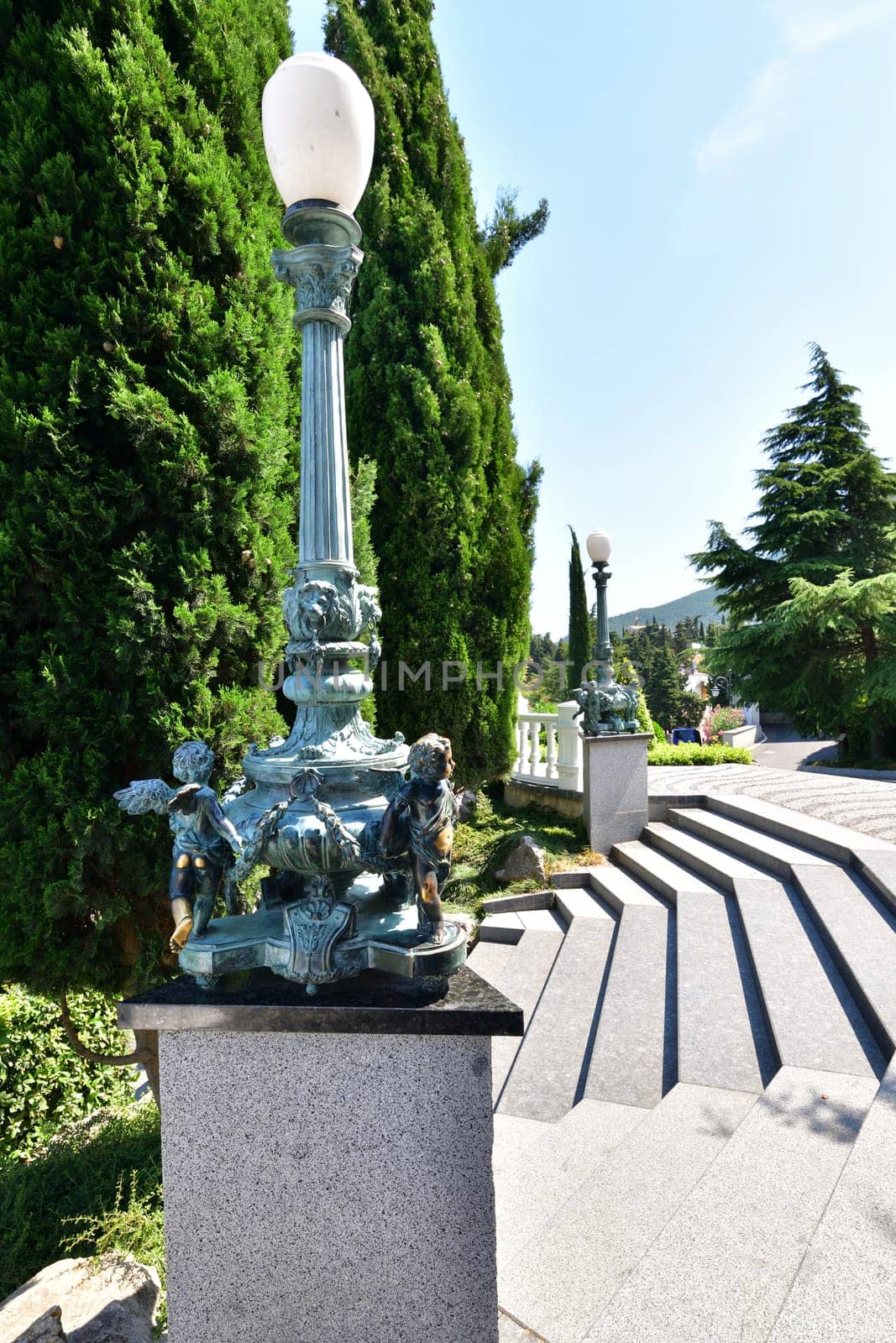 Partenit, Crimea - July 8. 2019. The bronze lanterns in Park landscape art Aivazovskoe