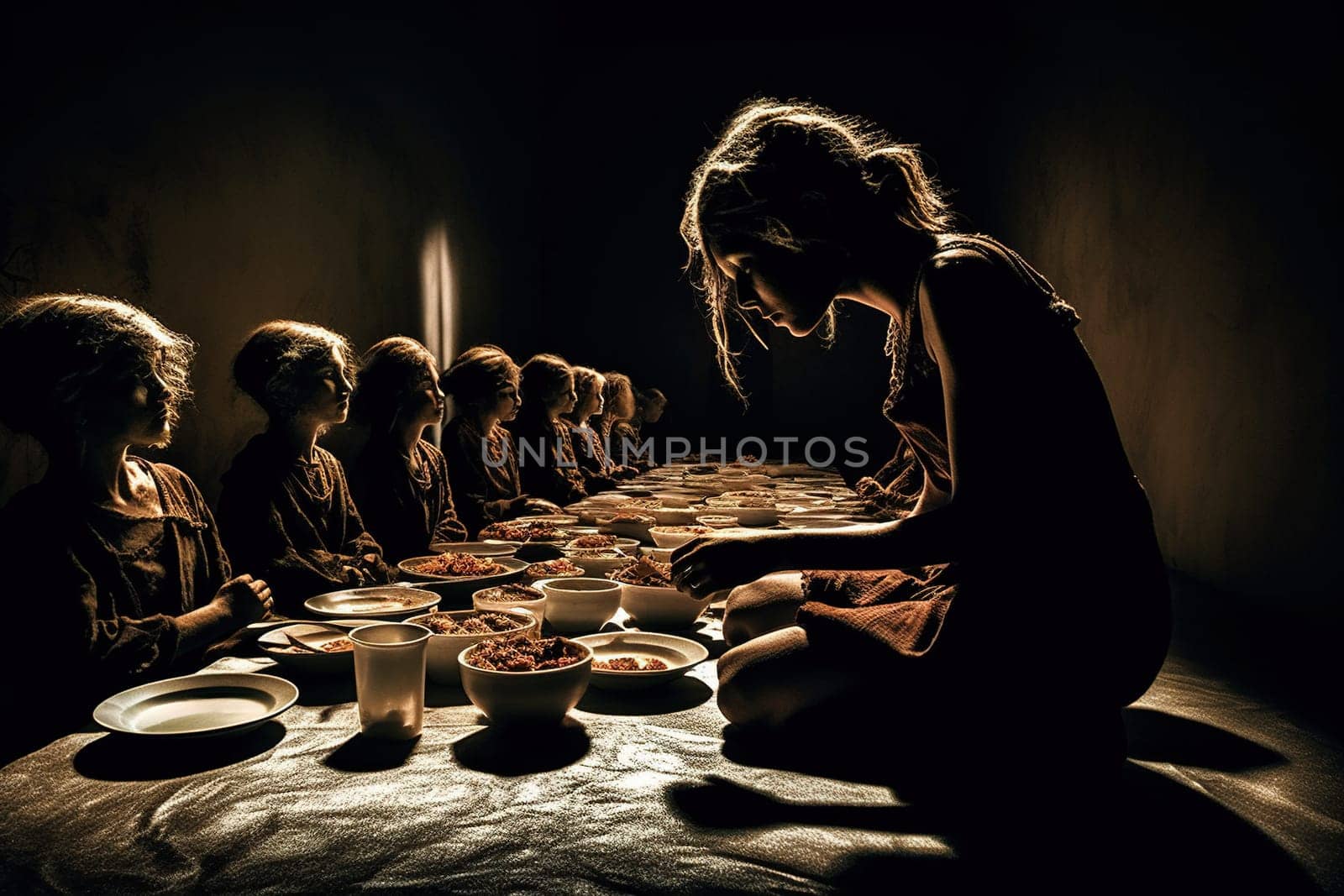 Hunger Poor Poverty. Social inequality, homeless or beggar begging for help sitting at dirty slum,human rights,donate and charity for underprivileged children in third world. Generative AI