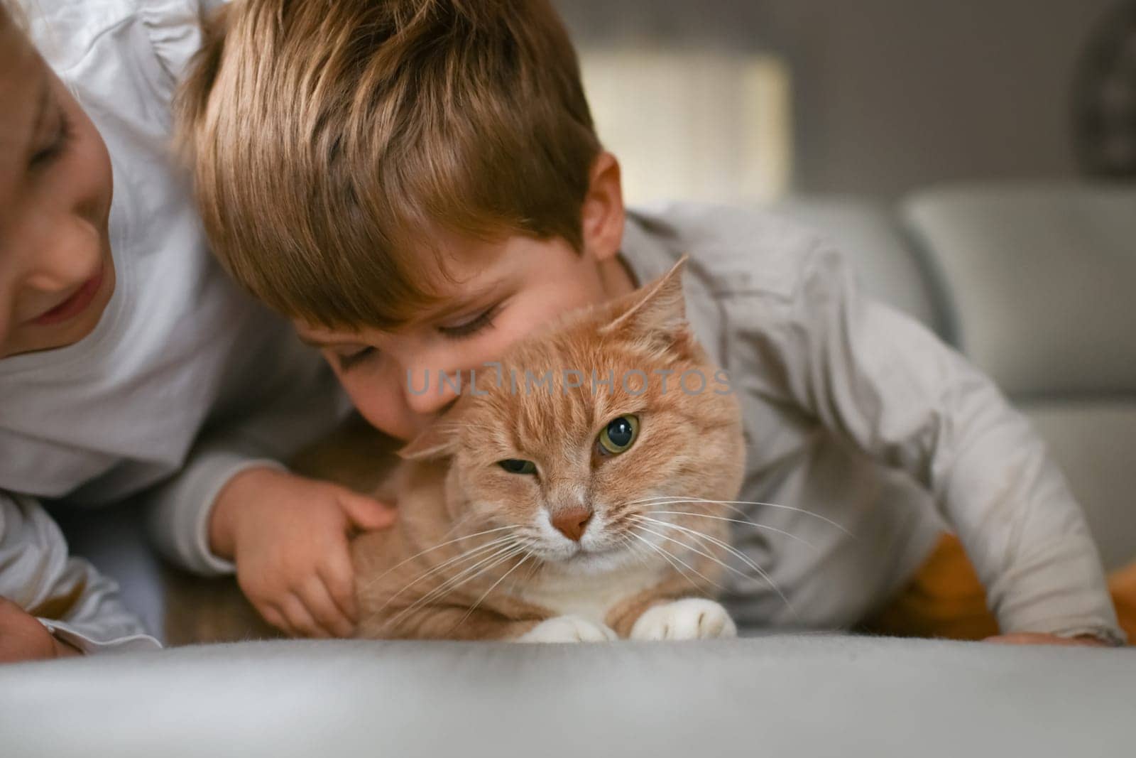 Brother and sister hugging a ginger cat on the couch by Godi