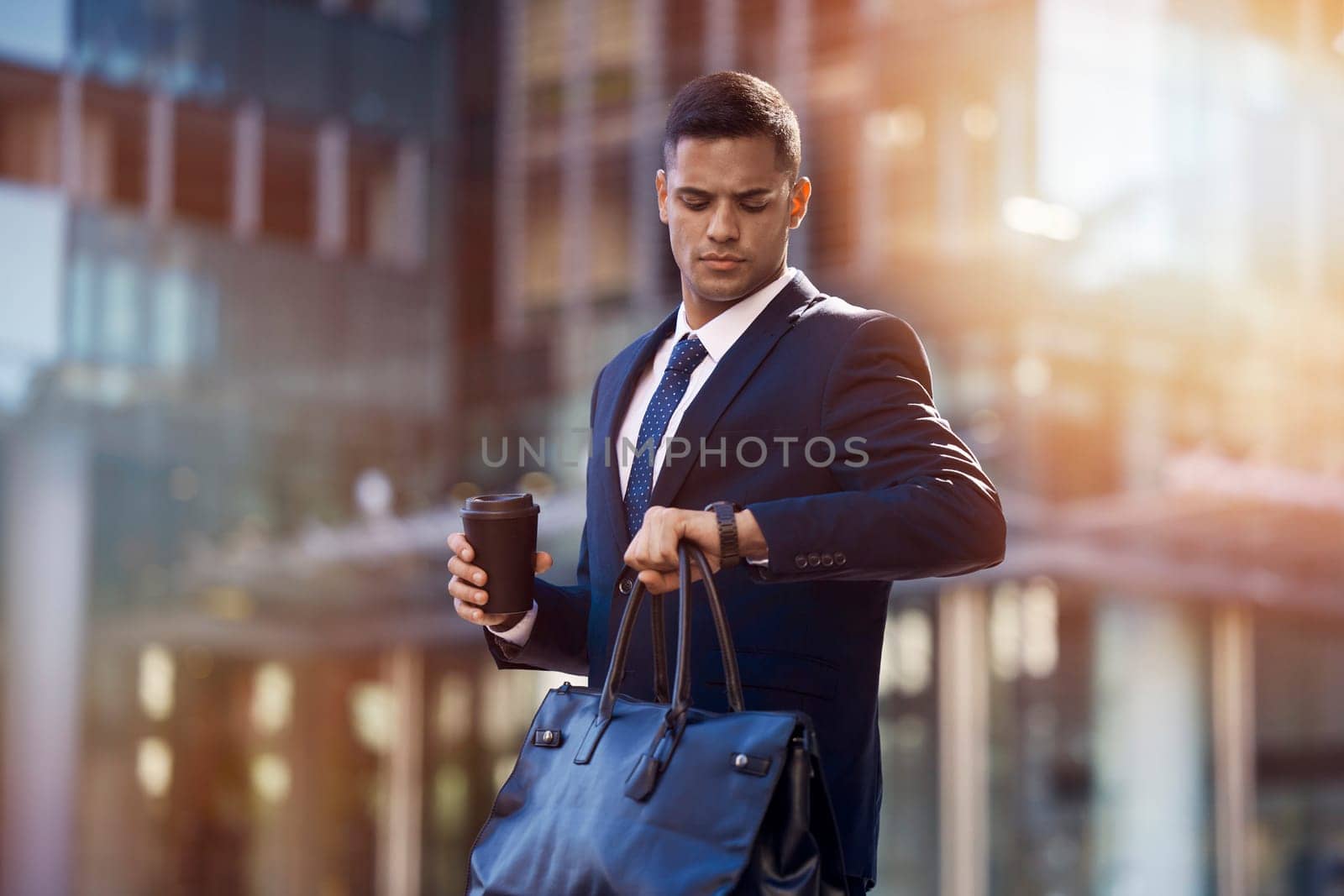 Businessman, city walk and check time for meeting, appointment or transportation with bag, coffee and focus. Young corporate executive, watch clock and metro for transport, train or taxi in New York.