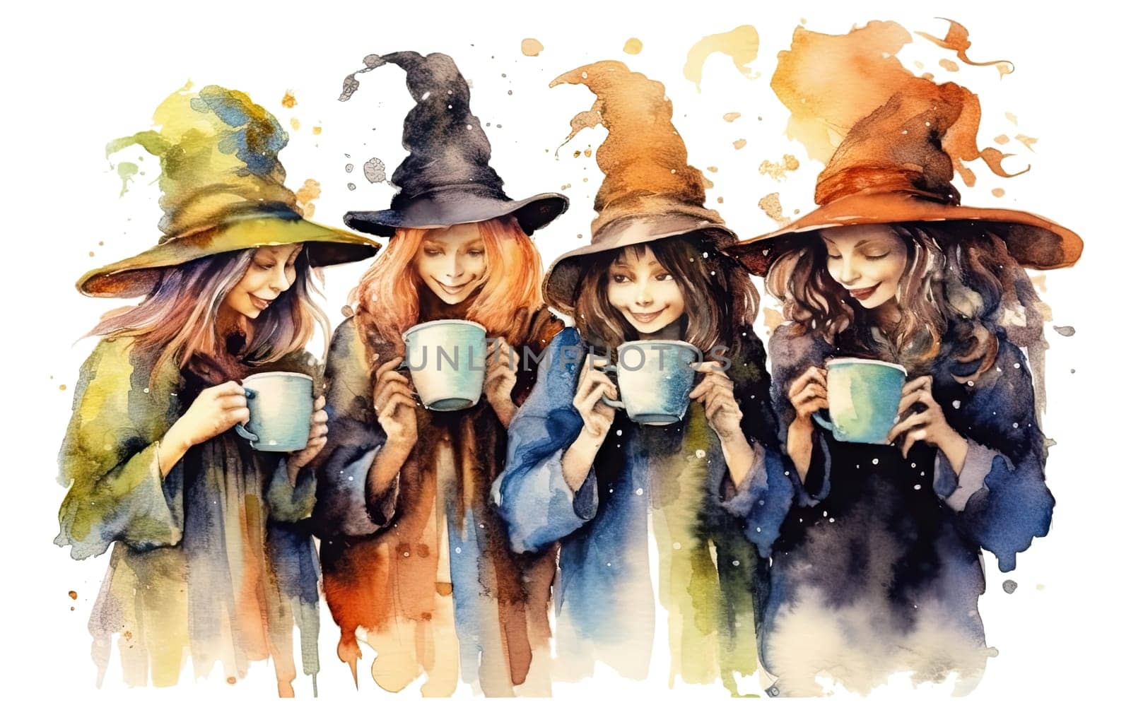 Relocation of witches drinking coffee and talking on transparent background. Ai generative