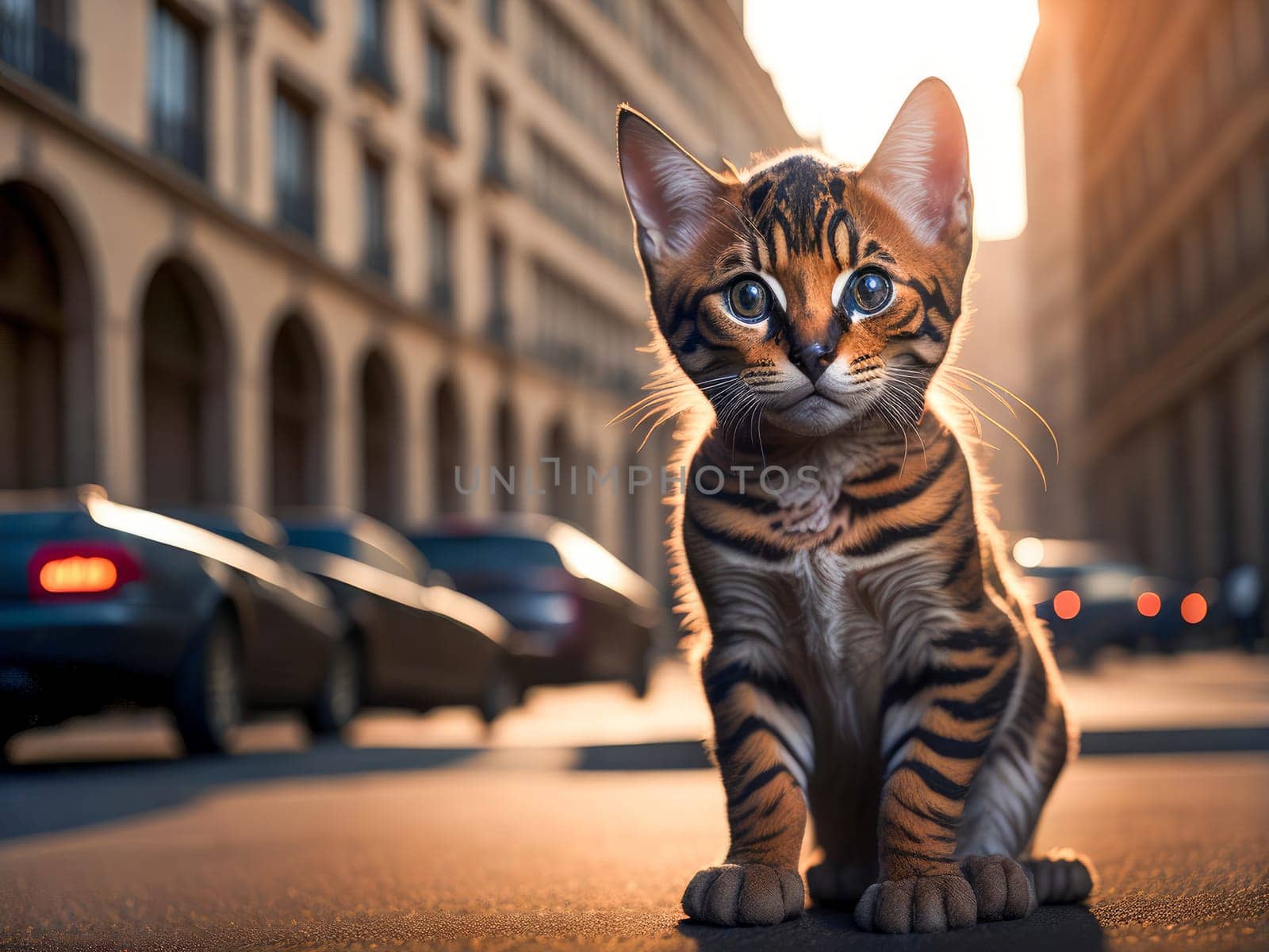 Cute bengal kitten portrait on city on background. Street cat, vacation relax concept. Generative Ai