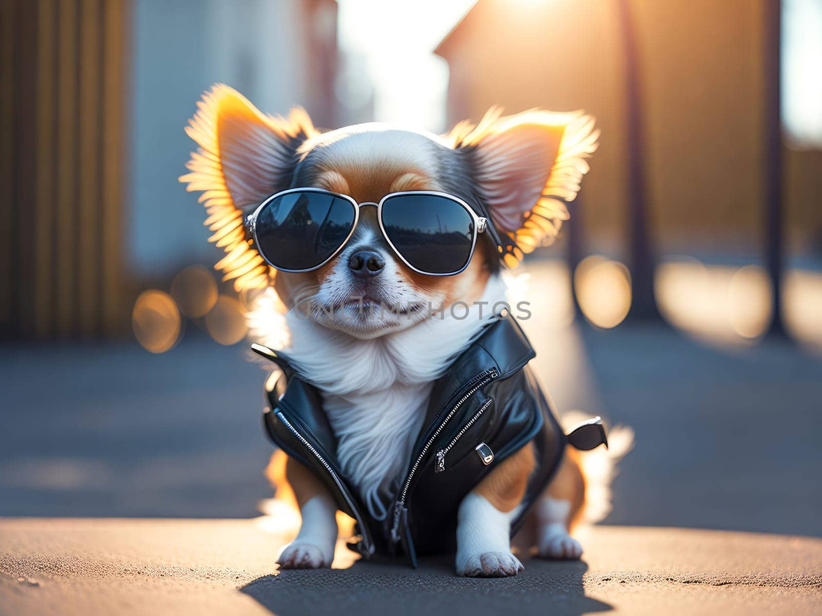 Cute dog chihuahua breed wearing leather jacket and sunglasses city on background. Dog vacation relax concept. Generative Ai. by JuliaDorian