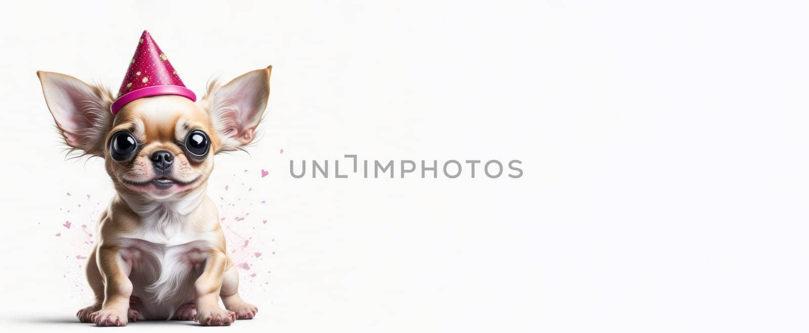 Banner of cute funny chihuahua puppy wearing birthday hat on white background. Space for text. Copy space. Generative Ai