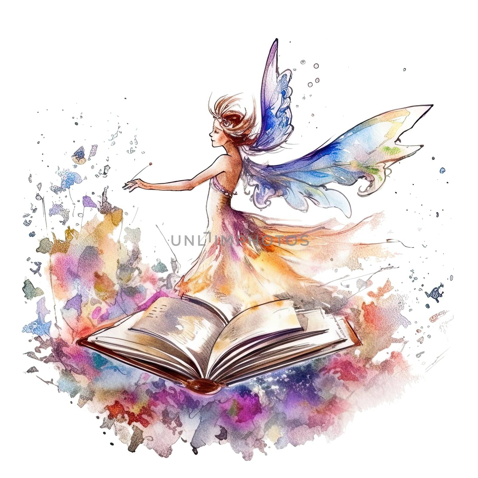 Cute fairy reading book on stack of books, watercolor hand draw illustrartion, can be used for kid poster or card, on transparent background. Ai generative