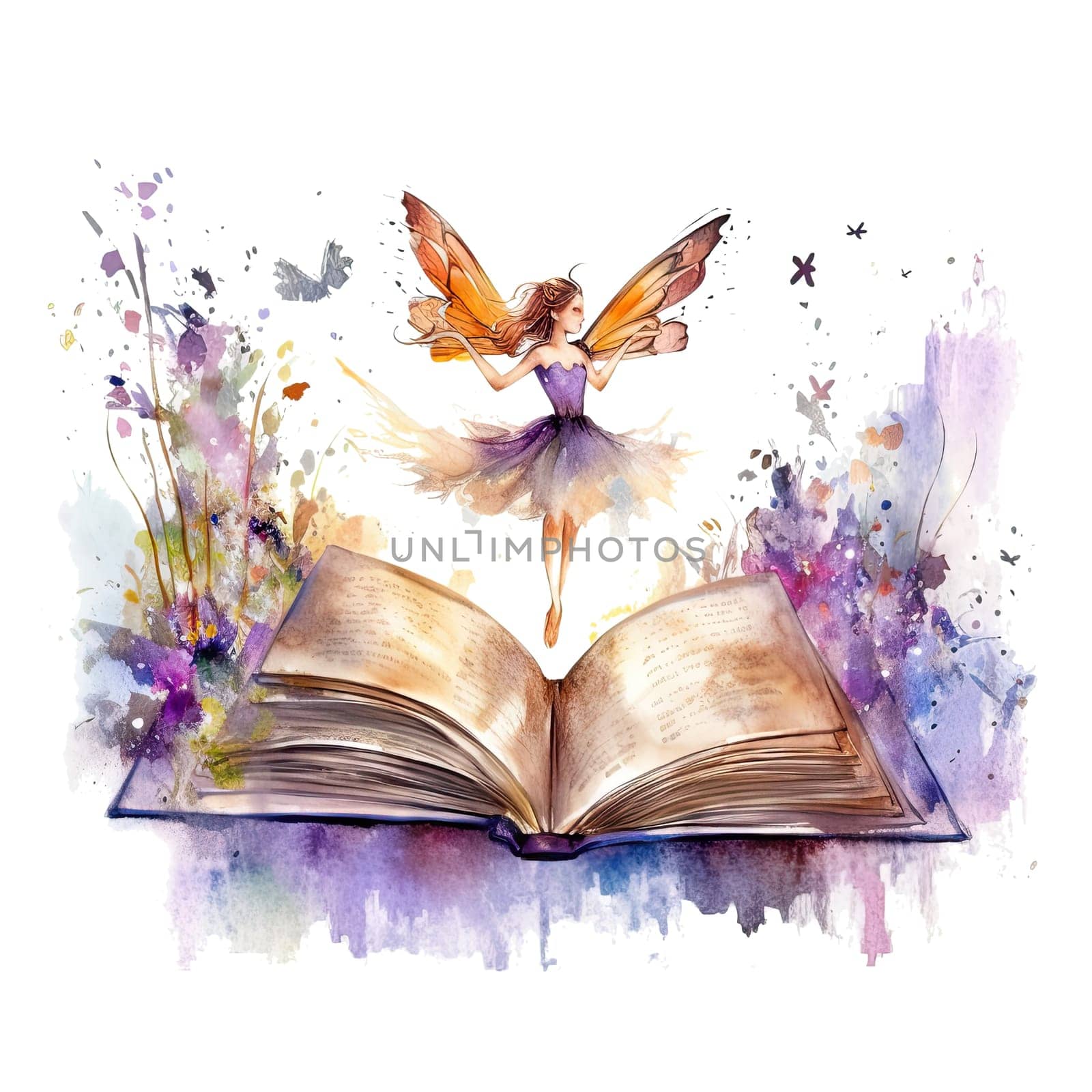 Cute fairy reading book on stack of books, watercolor hand draw illustrartion, can be used for kid poster or card, on transparent background. Ai generative