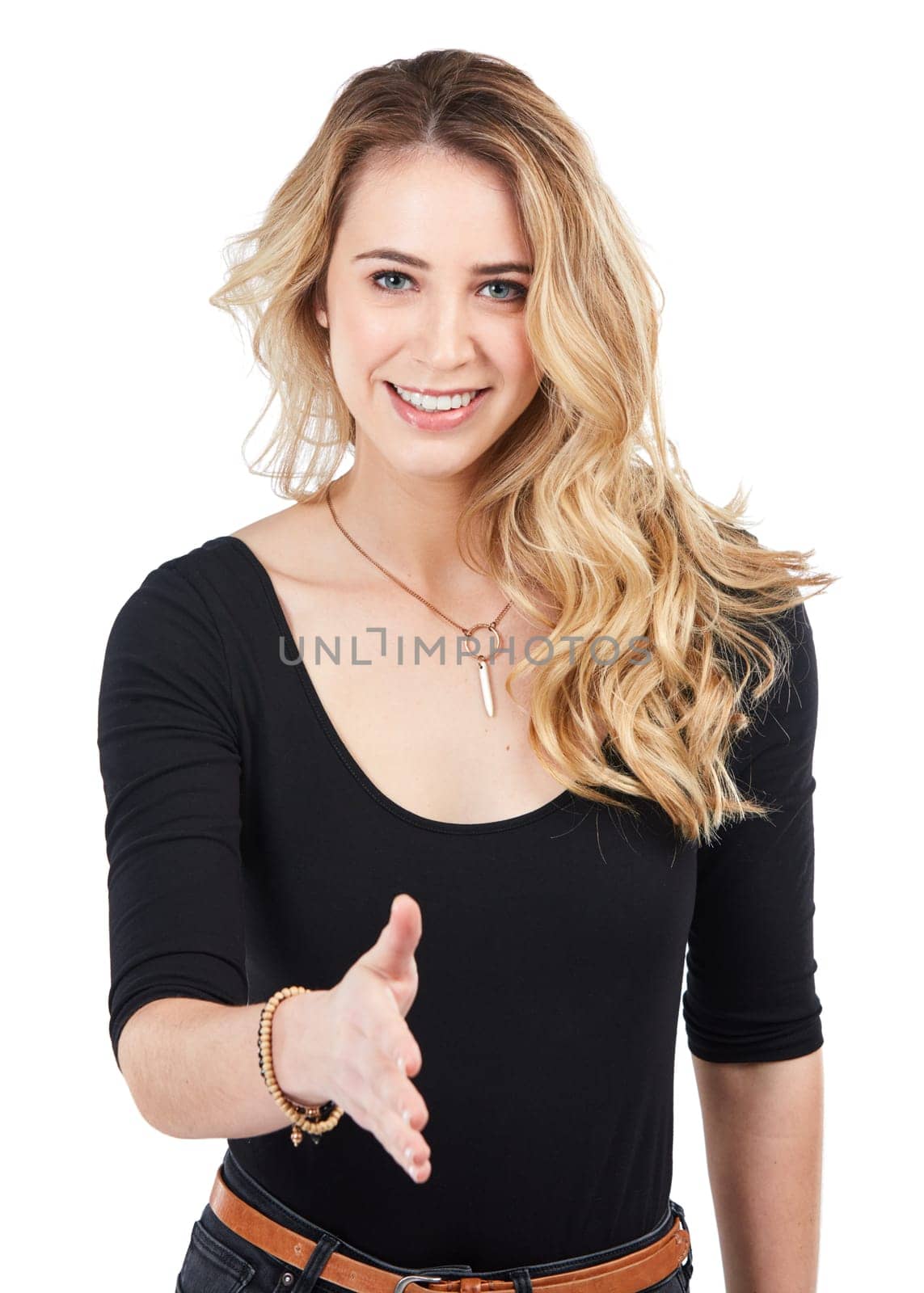 Handshake, welcome or hello with woman in portrait, introduction and greeting isolated on white background. Thank you, trust and communication with shaking hands and smile, happy woman and solidarity.