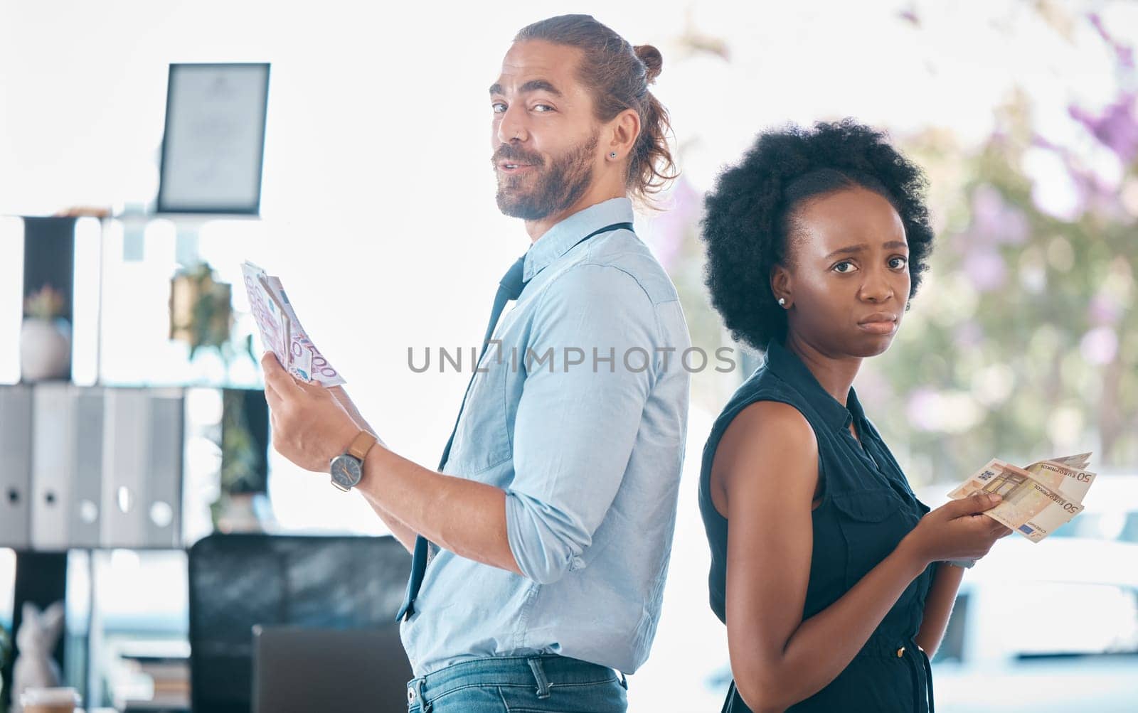 Money, gender bias and salary inequality in workplace between a team of equal professional employee colleagues. Pay gap, corporate sexism and corrupt financial compensation or payment for woman staff.