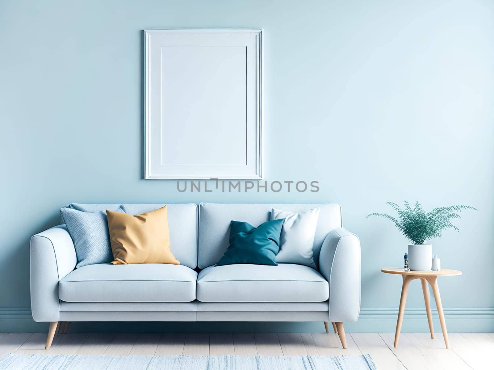 Blank frame mockup for artwork or print on pastel blue wall with blue couch, copy space. Interior design. Generative Ai