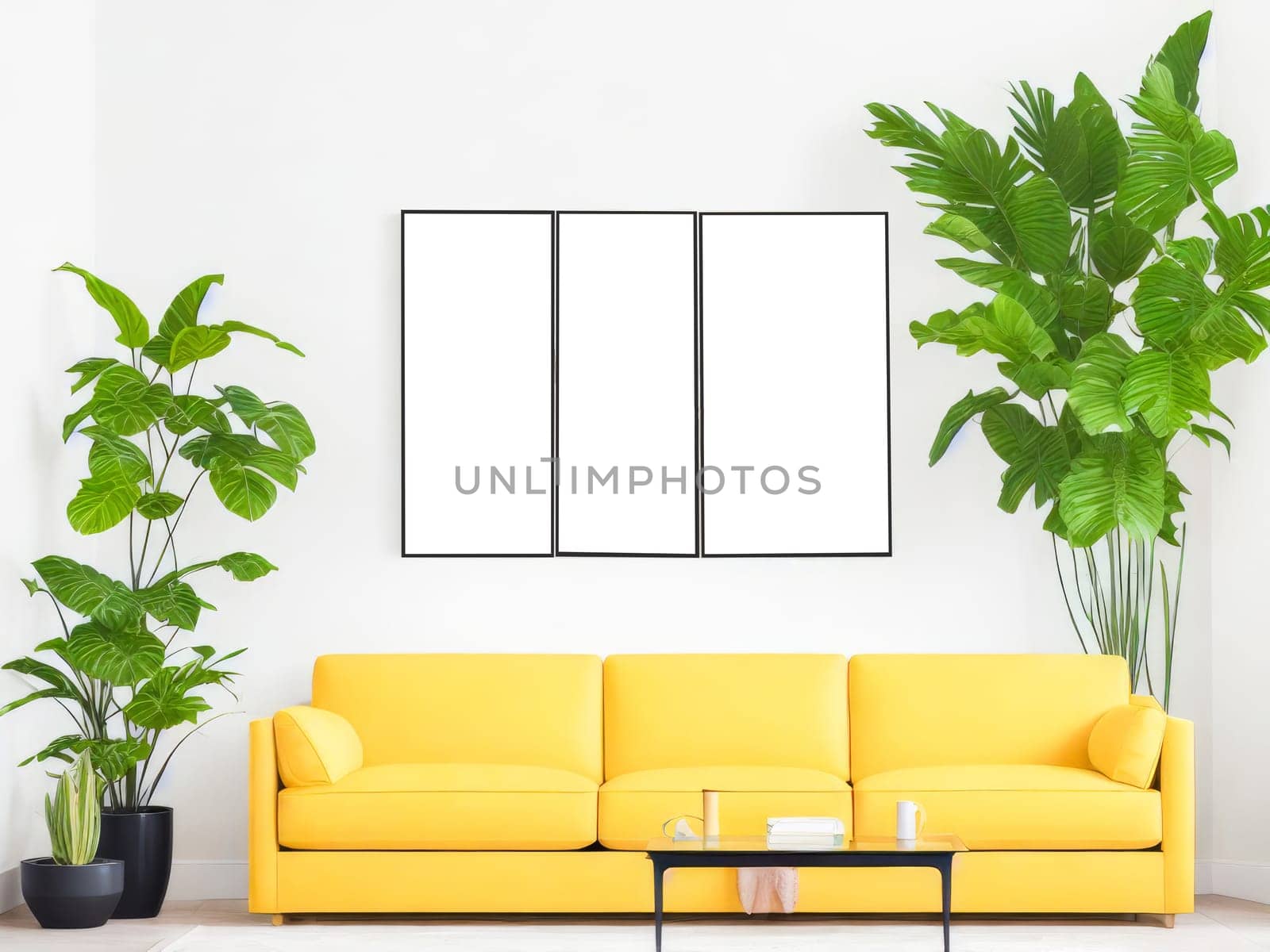 Three frames mockup for artwork or print on white wall with yellow couch eucalyptus green plants in vase, copy space. Interior design. Generative Ai