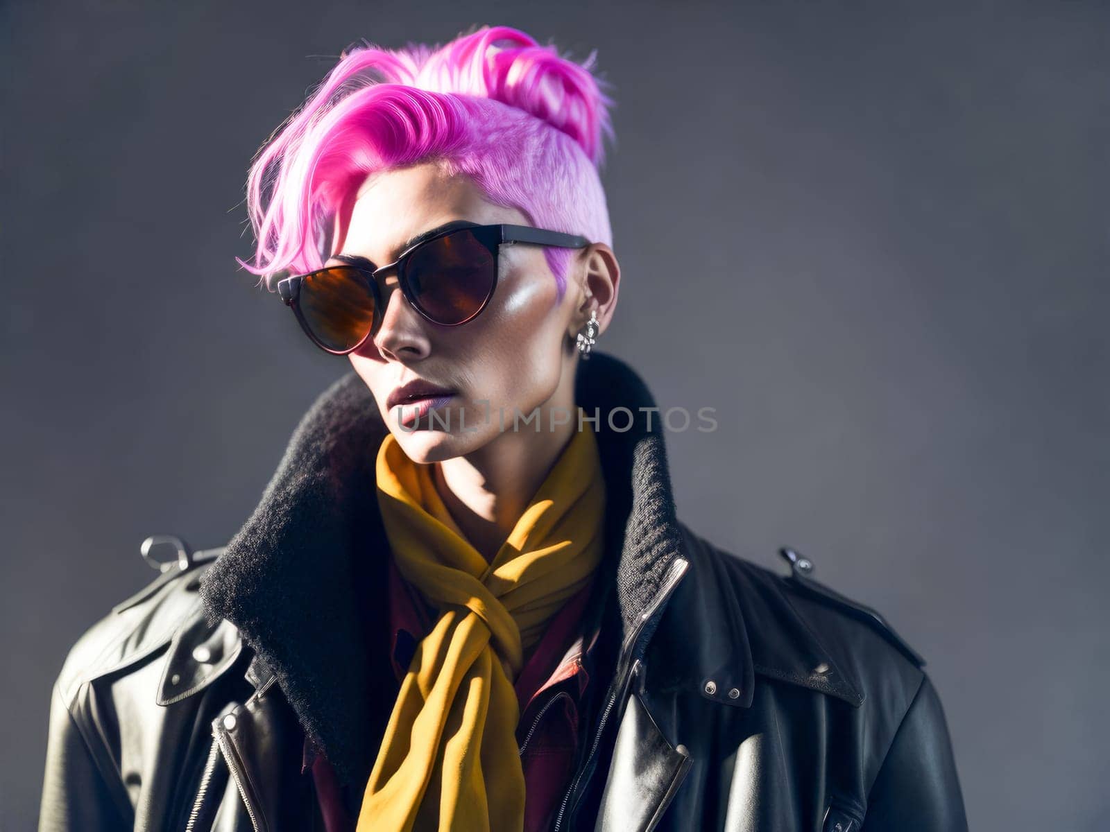 Charming caucasian woman with pink hair in sunglasses wearing stylish leather jacket looking at the camera standing on a blurred city background. Hipster girl. Generative Ai