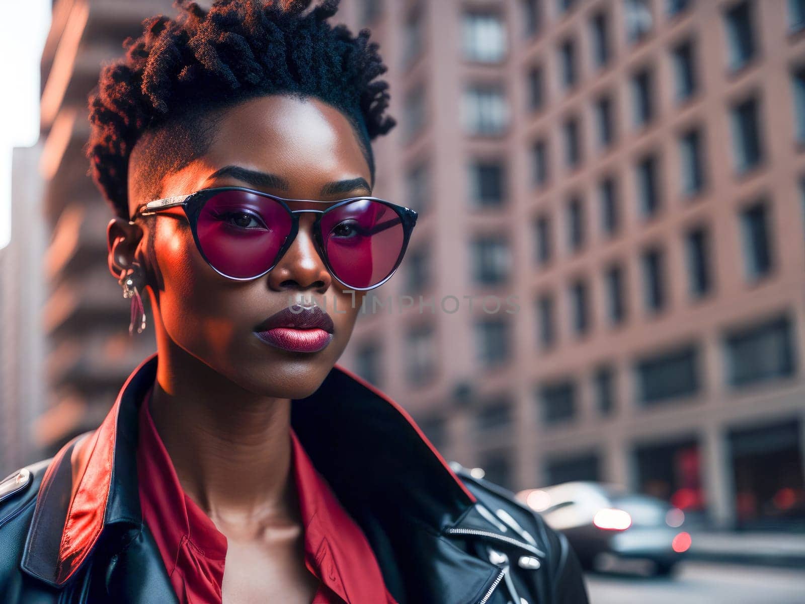 Charming black woman in red sunglasses wearing stylish leather jacket looking at the camera standing on a blurred city background. Hipster girl. Generative Ai