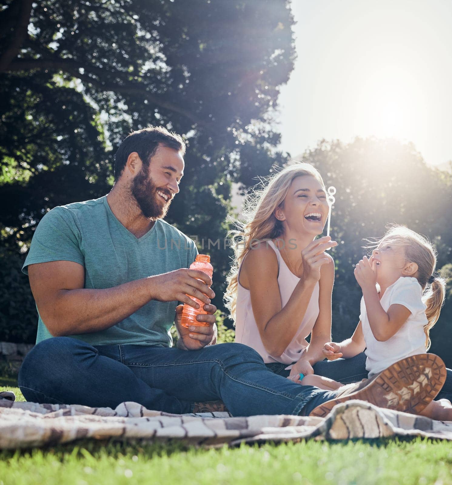 Family, happy and bubbles with picnic in park together for summer, relax and nature. Smile, spring and peace with parents playing with girl in countryside field for youth, lifestyle and happiness by YuriArcurs
