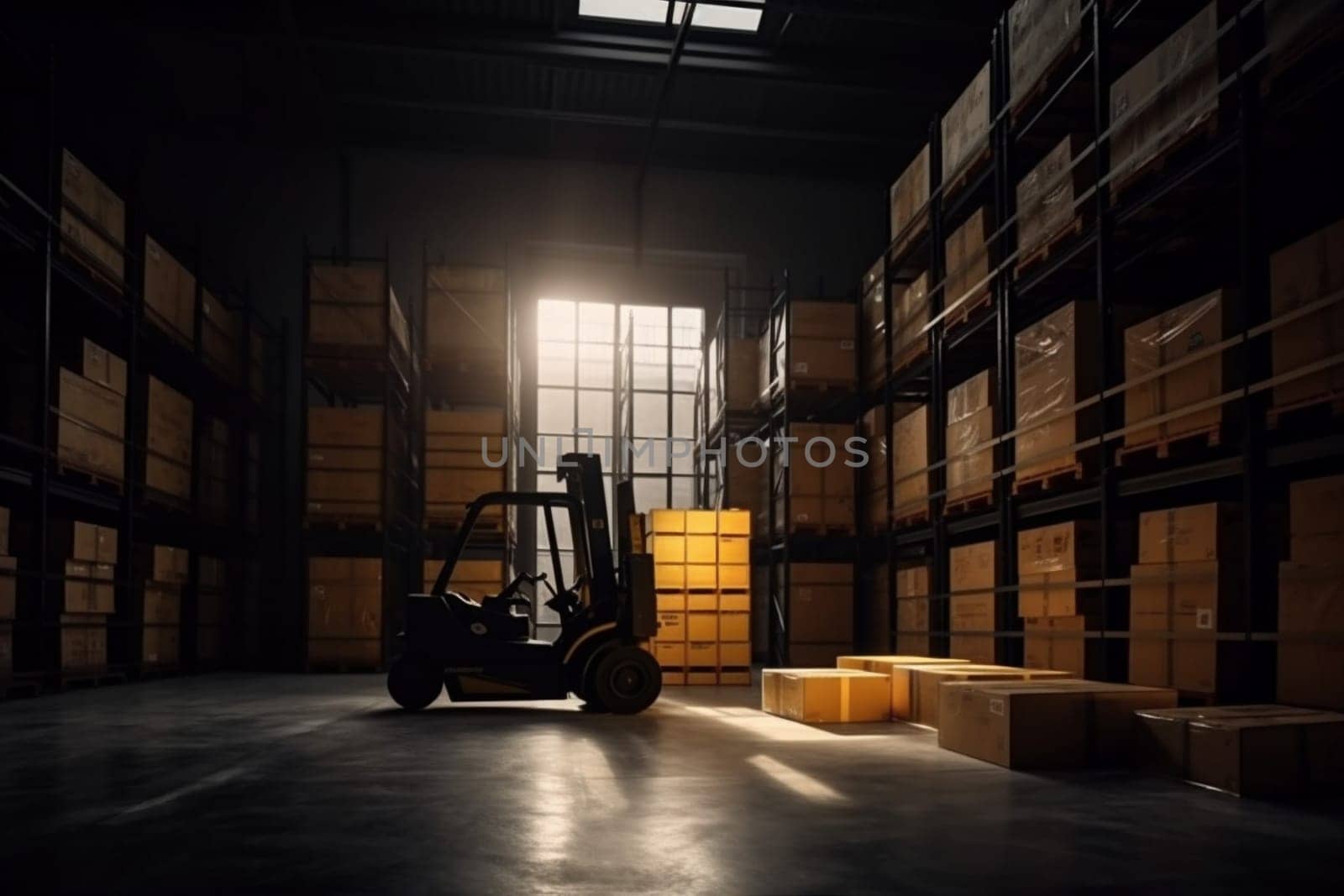 shipping sun pallet logistic forklift loading vehicle distribution unloading moving storage facility transportation warehouse cardboard box operator storehouse cargo delivery. Generative AI.