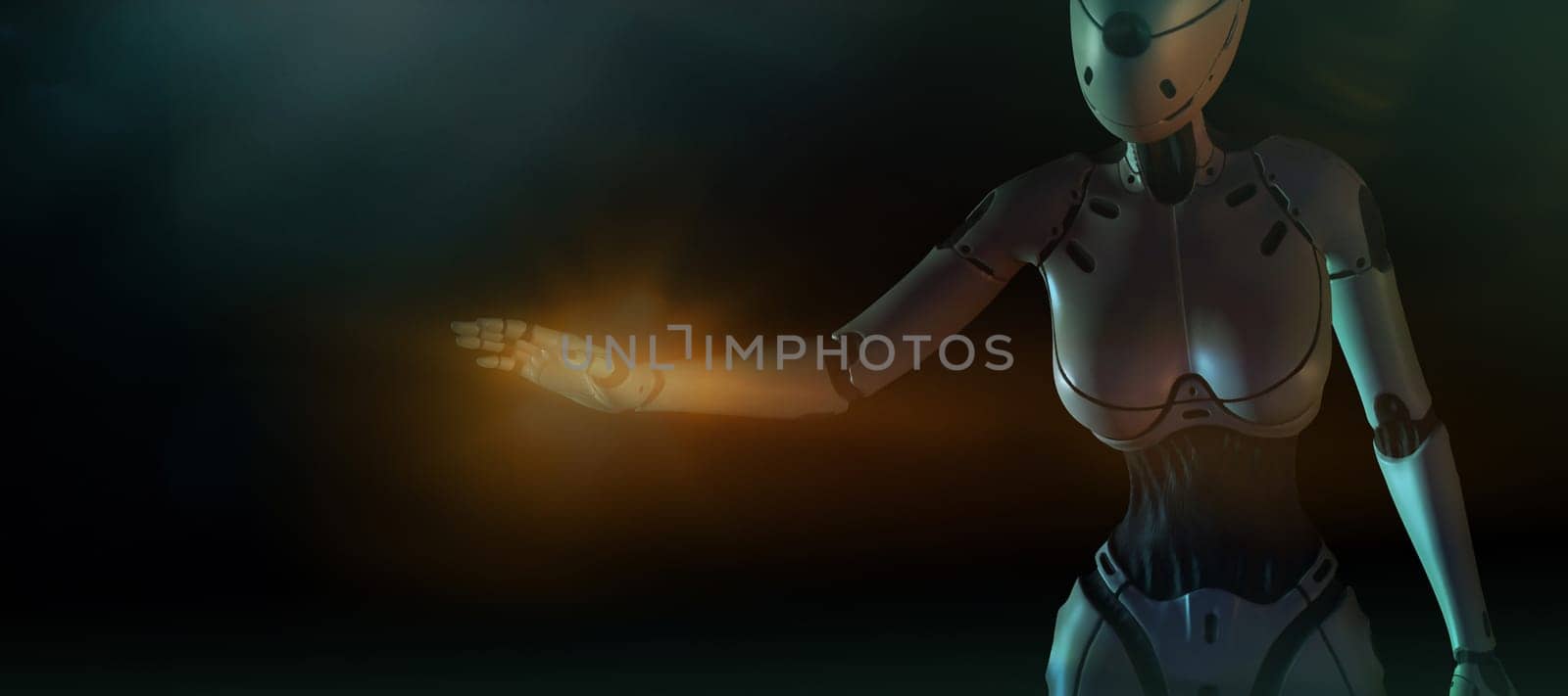 On a dark background, a cyborg stretches out her hand to work with an invisible object.