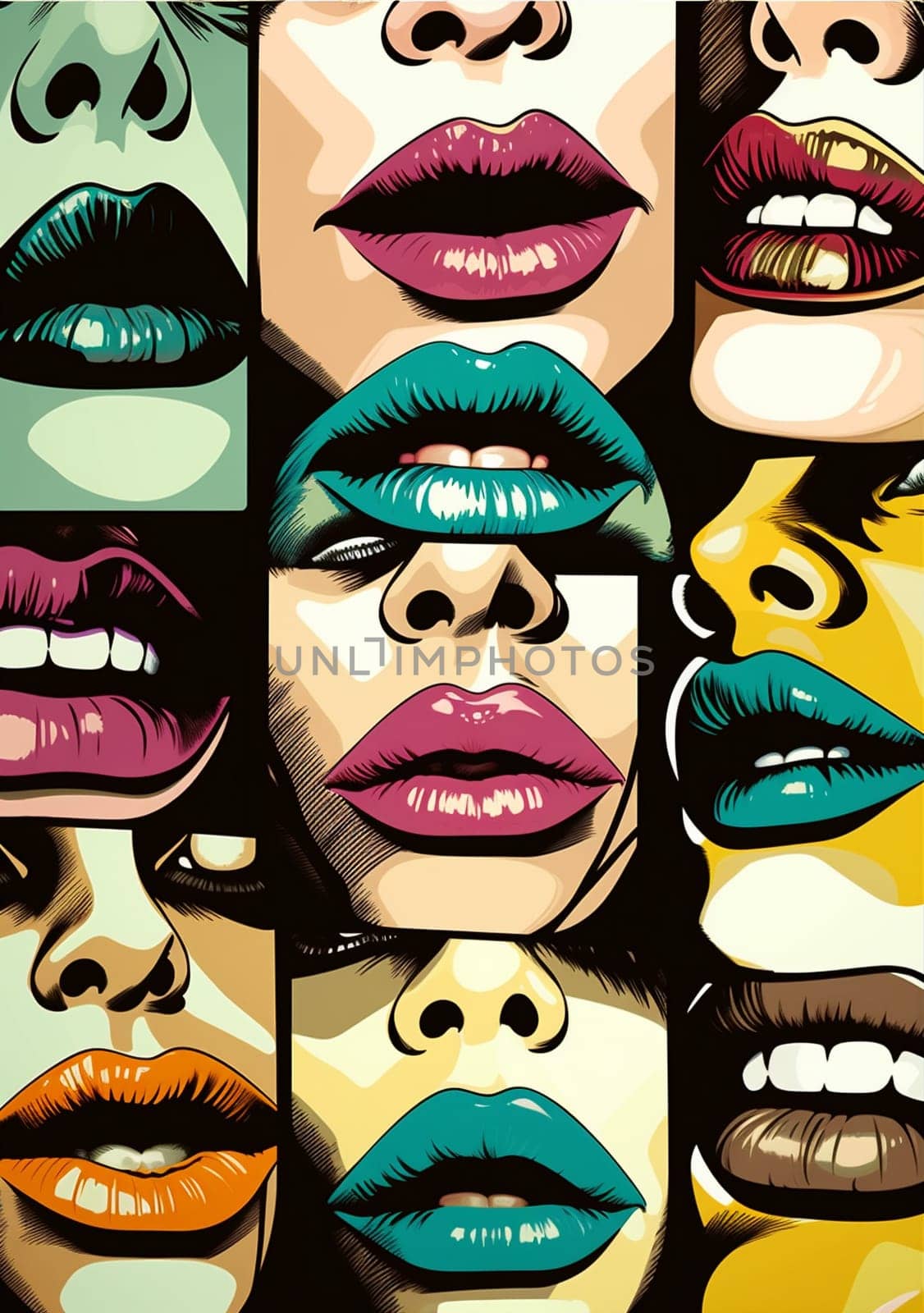 crazy woman shape lips art punk white modern graphic abstract lipstick grunge teeth kiss mouth pattern halftone beautiful female poster illustration. Generative AI.