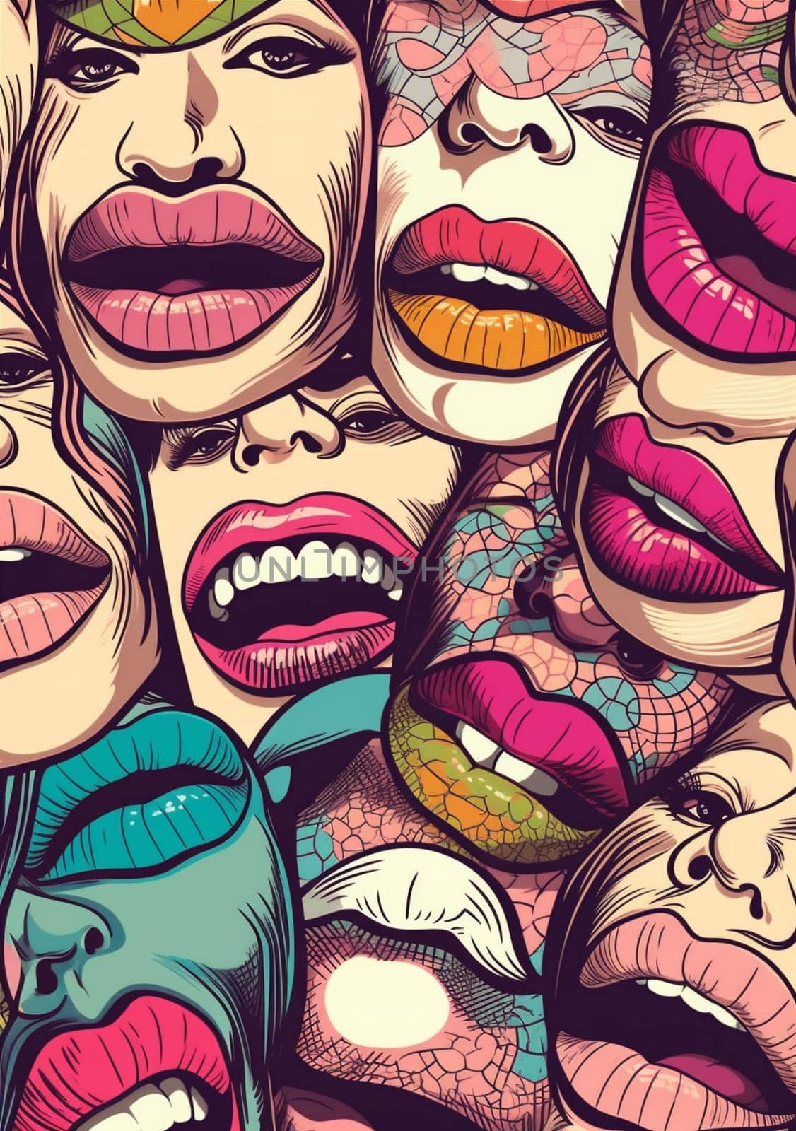 sexy woman glossy valentine beautiful collage isolated halftone lips face lipstick mouth art template female pop illustration poster abstract make-up kiss. Generative AI.