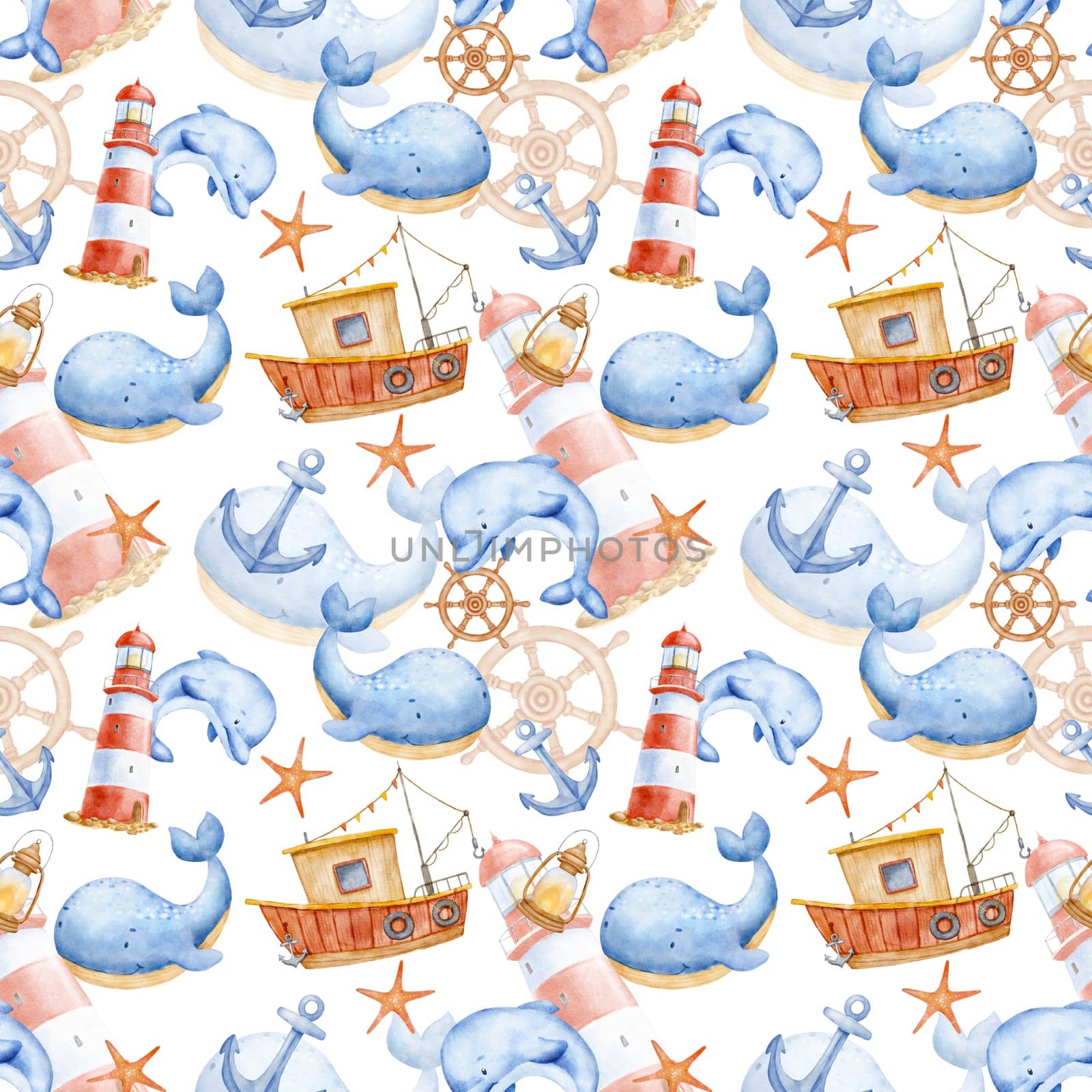 Cute watercolor nautical seamless pattern with sea animals characters and boat. Funny ocean background by ElenaPlatova