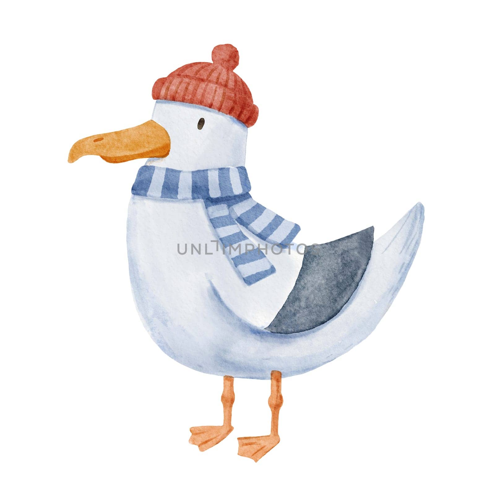Cute seagull character with sailor red hat and scarf isolated on white. Watercolor nautical illustration for kids and childish card