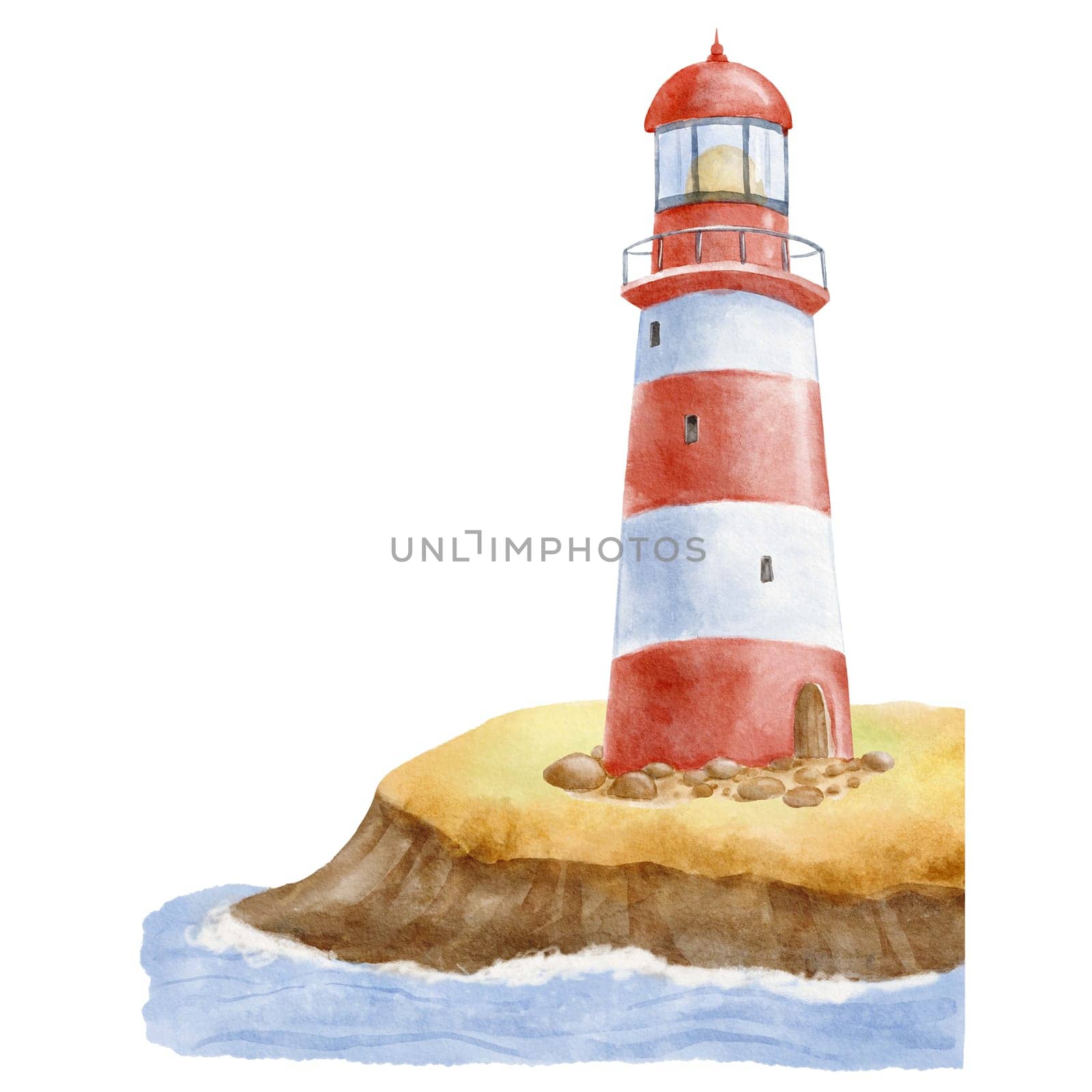 Striped red and white lighthouse on shore. Watercolor illustration isolated on white, hand drawn clipart. by ElenaPlatova