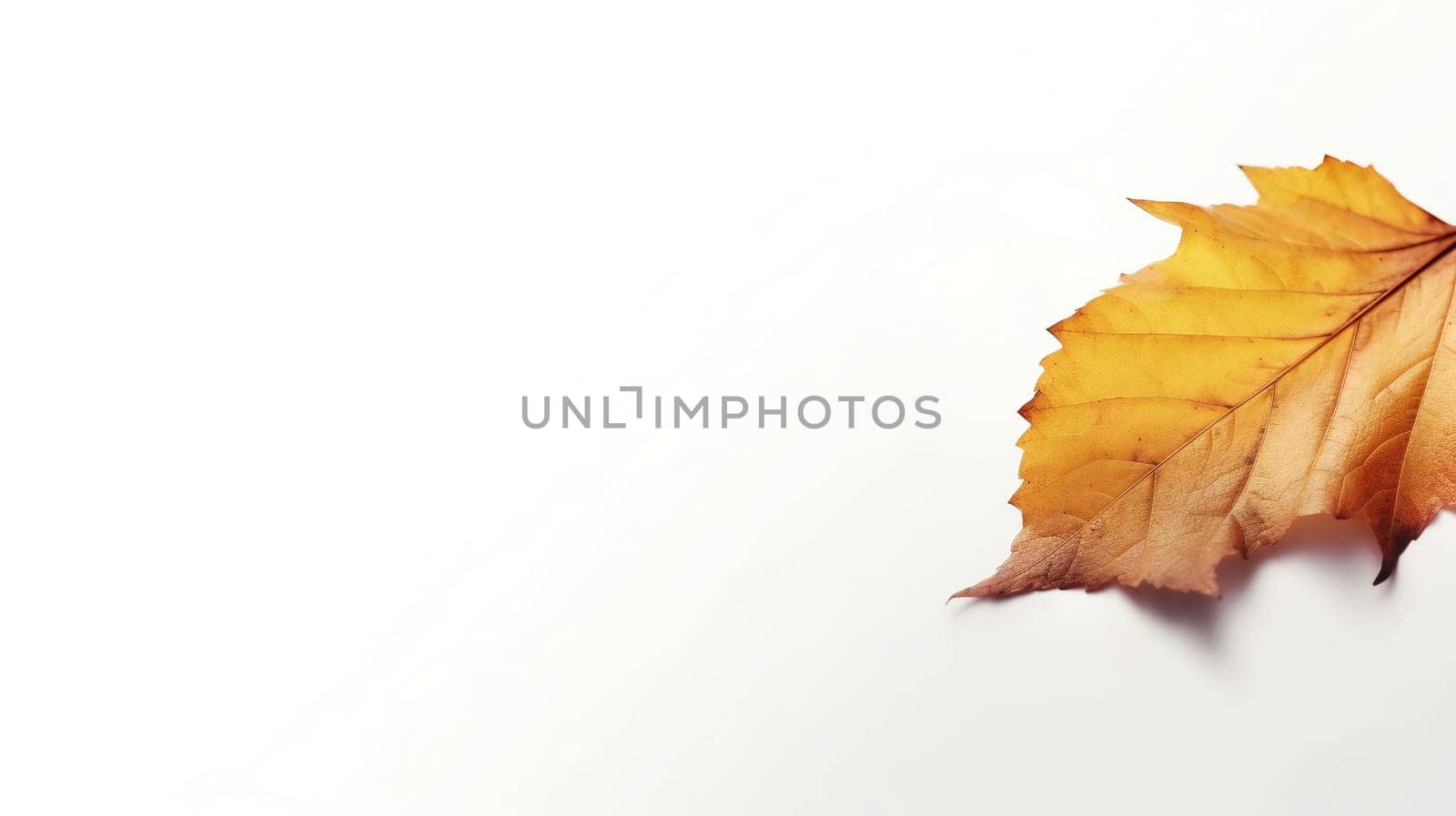 Autumn minimal banner with autumn yellow alder leaf with natural texture on beige background, copy space. Fall colors aesthetic photo with macro leaves with veins, season autumnal foliage, empty space