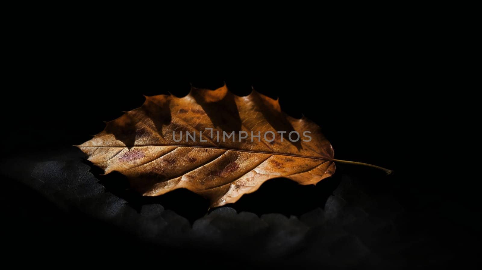 dry leaf on black background. generative ai by juliet_summertime