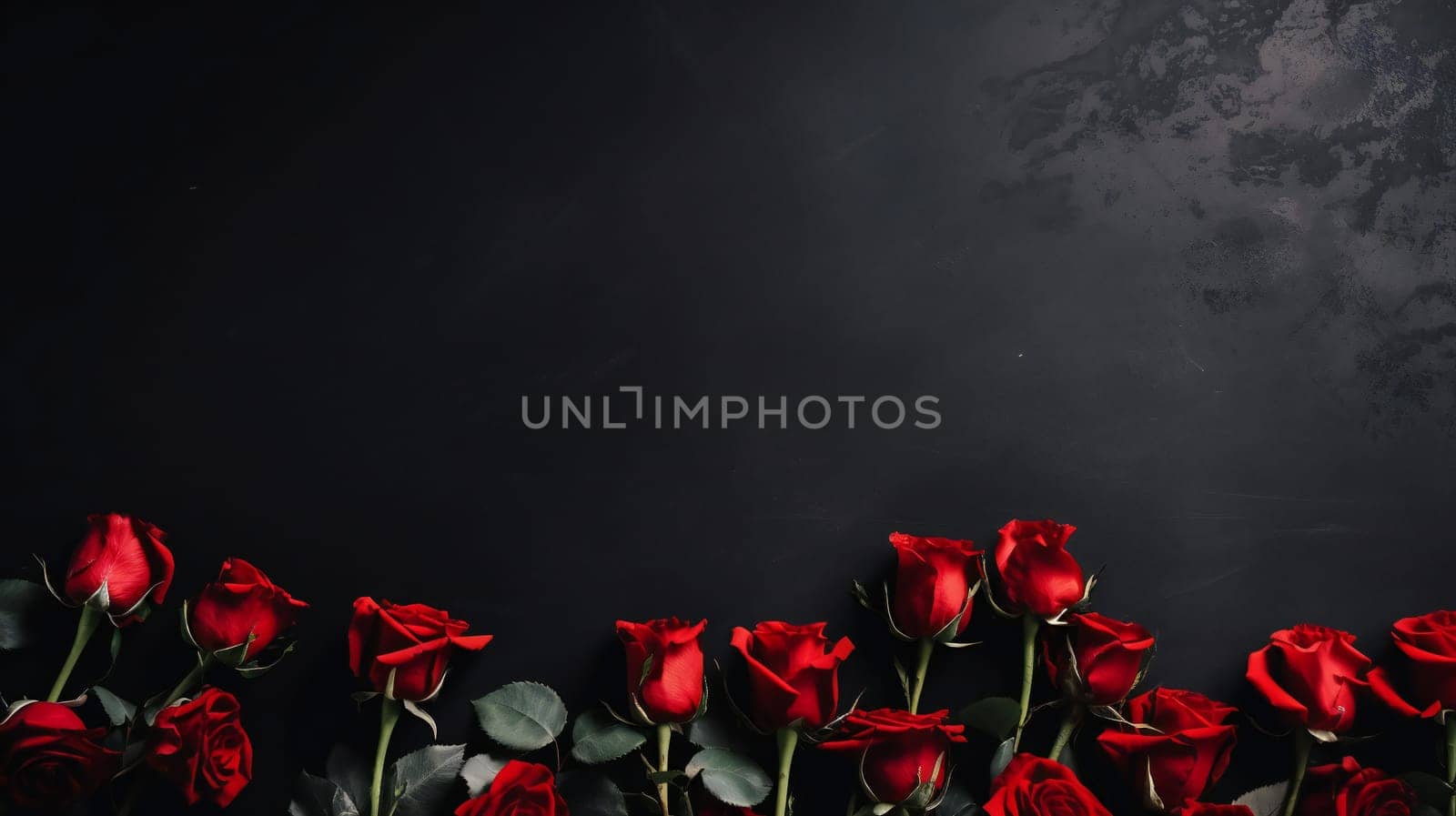 Red rose bouquet on dark banner. Roses on valentine day copy space for text. Black flowers background. generative ai by juliet_summertime