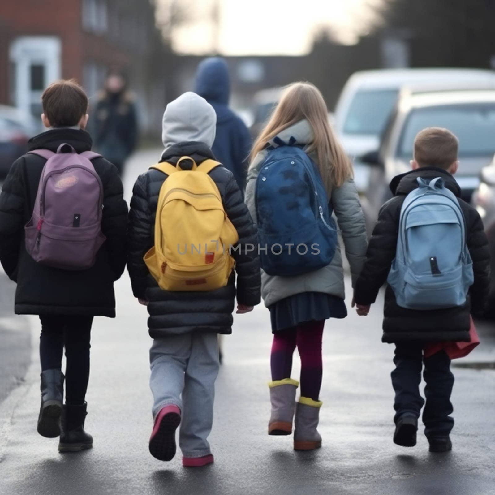 Group of kids going to school together. cold weather. generative ai by juliet_summertime