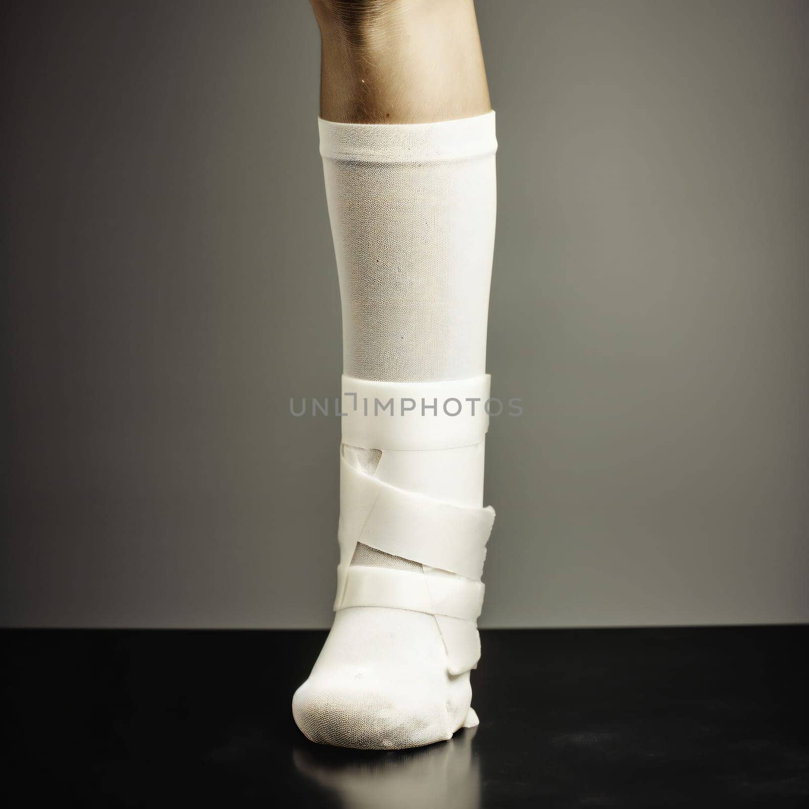 broken leg. leg in a cast on isolated dark background
