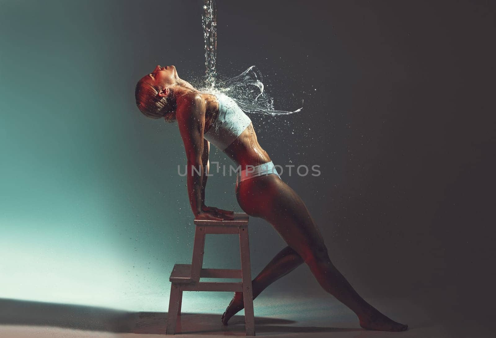 Water, water splash on woman and skincare, hydration with hygiene, beauty and wellness against studio background. Body care, healthy skin and aqua treatment, clean and moisture with fresh mockup