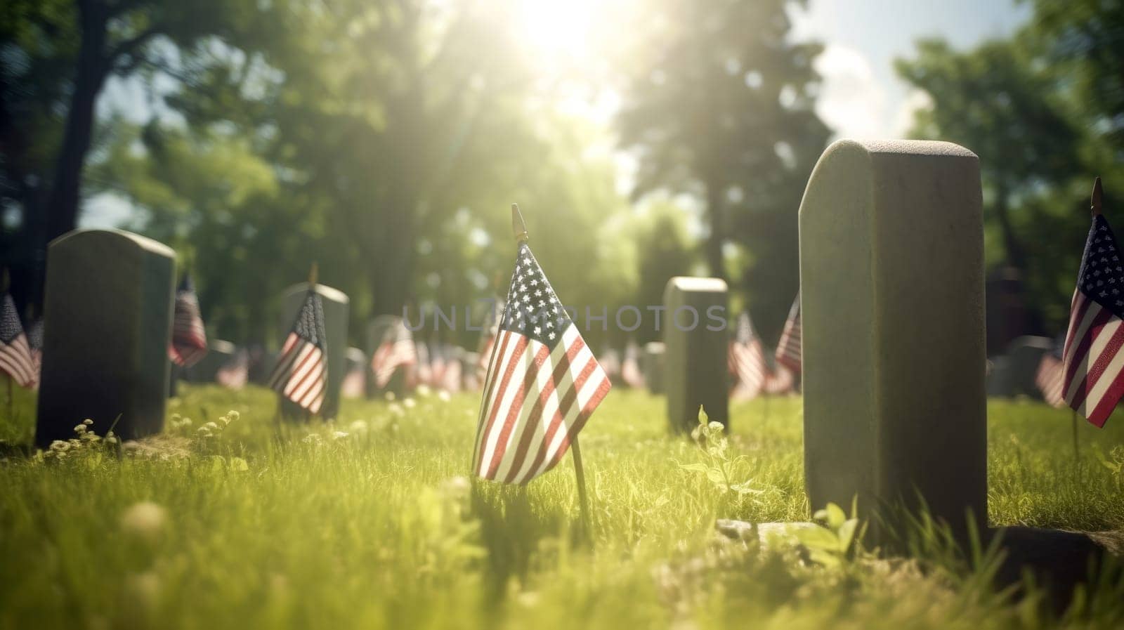 US Flag at Military Cemetery on Veterans Day or Memorial Day. Concept National holidays, Flag Day, Veterans Day, Memorial Day, Independence Day, Patriot Day. Generative AI