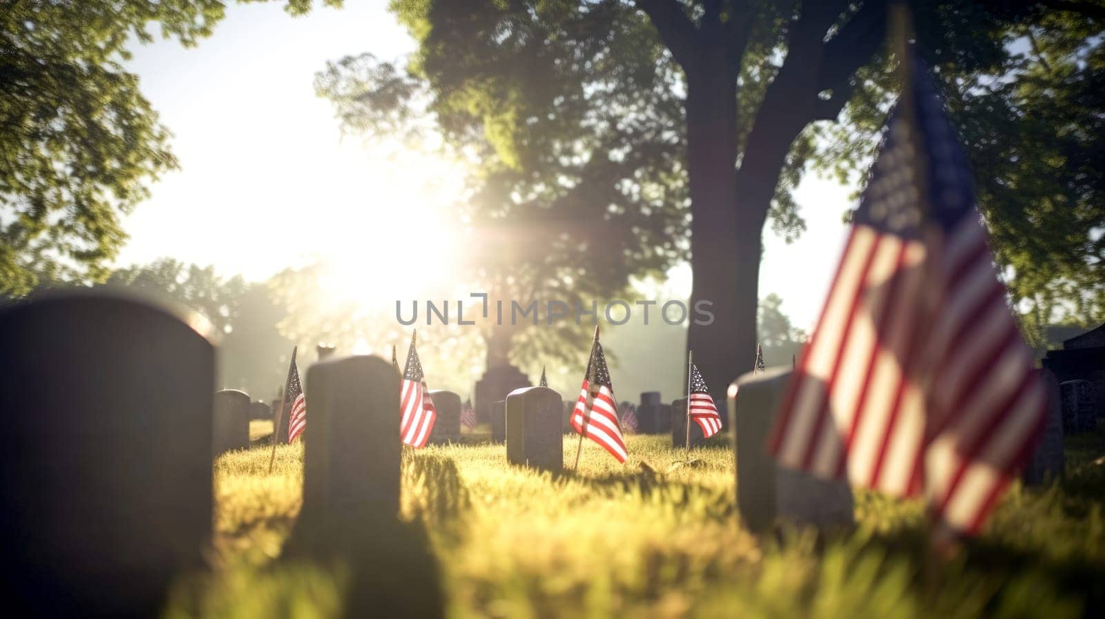 US Flag at Military Cemetery on Veterans Day or Memorial Day. Concept National holidays, Flag Day, Veterans Day, Memorial Day, Independence Day, Patriot Day. Generative AI