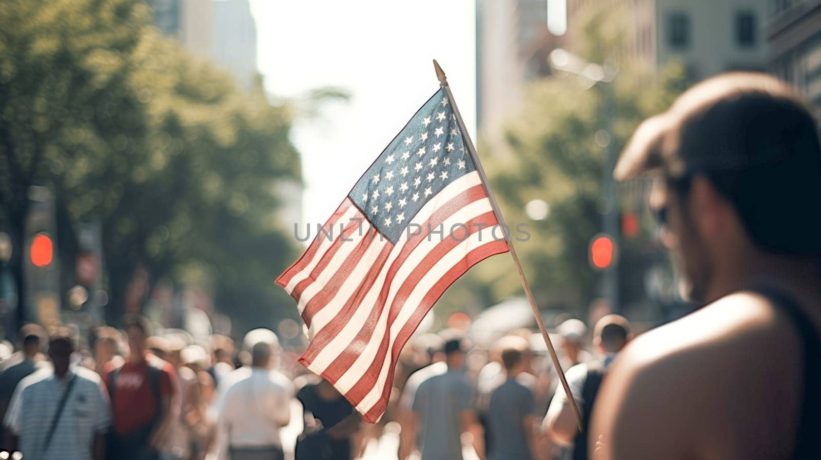 People holding the USA Flags celebrating July 4th Independence Day. Generative Ai. by JuliaDorian