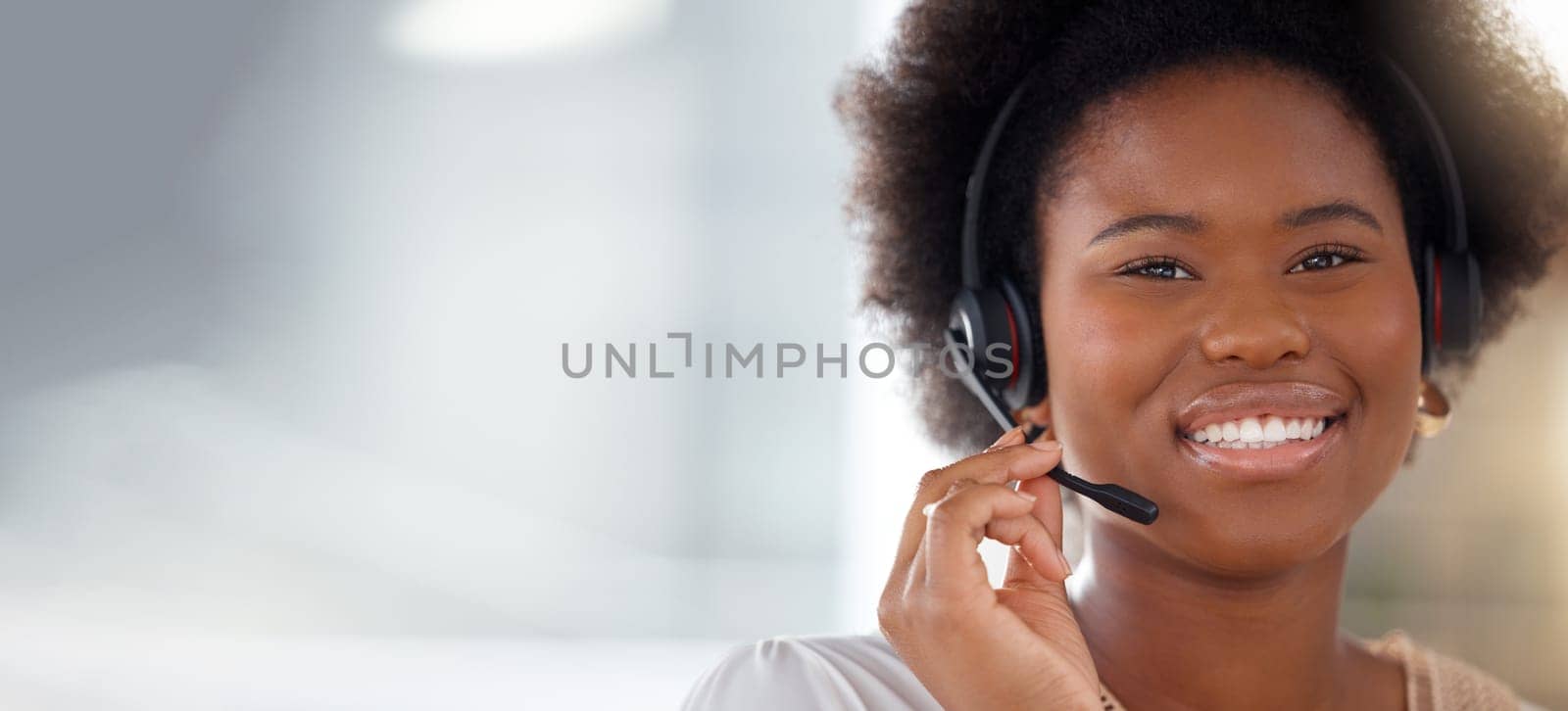 Black woman, call center and portrait smile on mockup with headset in telemarketing, customer service or support. Happy African American female consultant or agent face with mic in contact us sales.