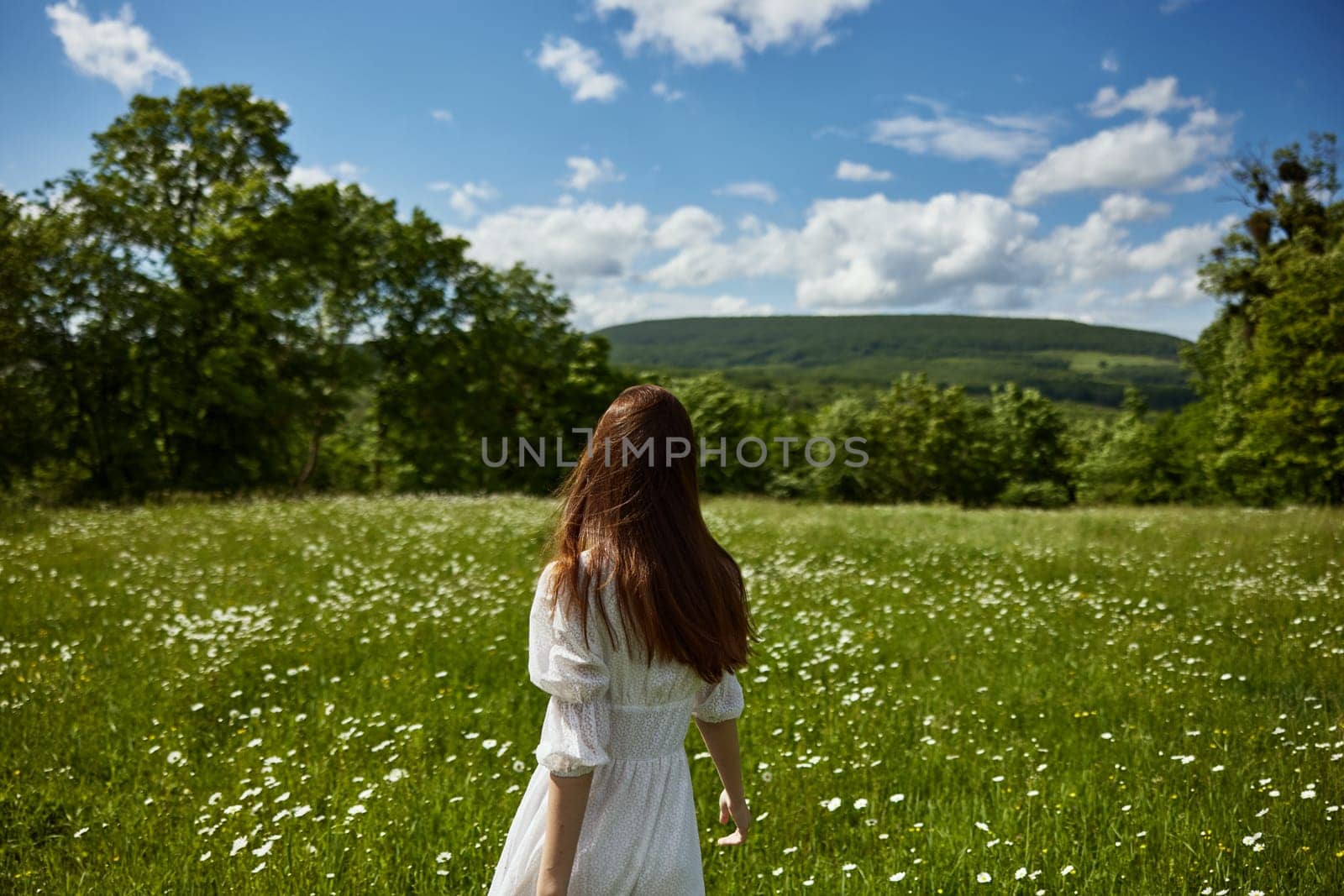 a red-haired woman in a light dress stands in a chamomile field with her back to the camera. High quality photo