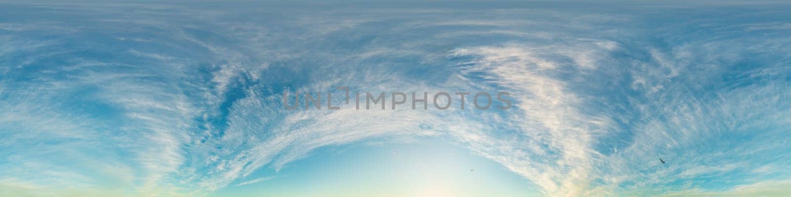 Sunset sky panorama with dramatic bright glowing pink Cirrus clouds. HDR 360 seamless spherical panorama. Full zenith or sky dome for 3D visualization, sky replacement for aerial drone panoramas. by Matiunina