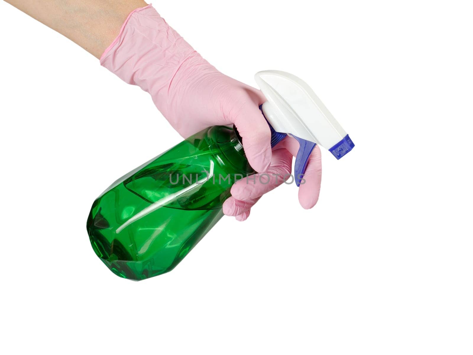 Woman's hand in a rubber glove with a pressure sprayer with water on the white isolated background. Garden tools and equipment.