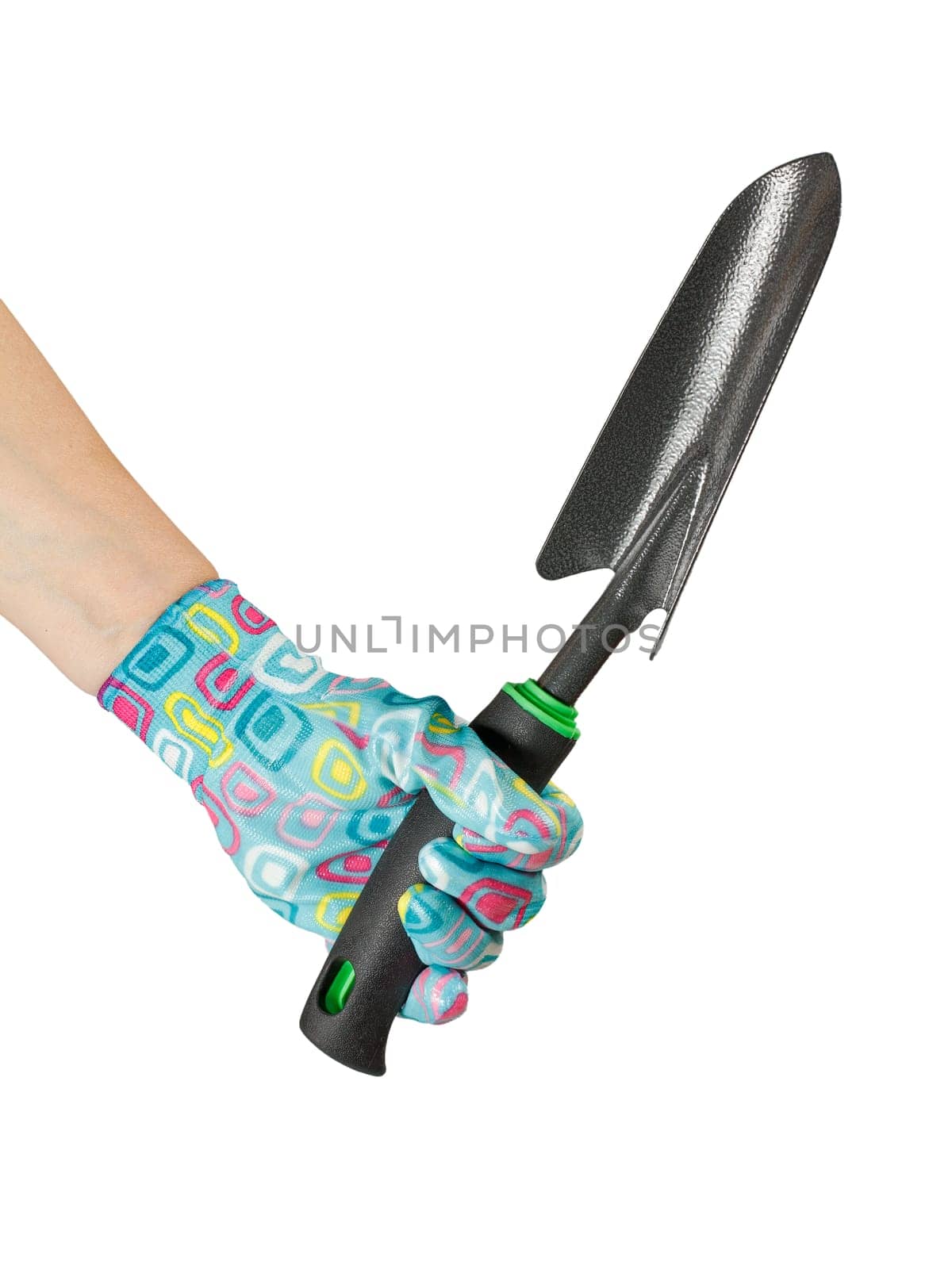 Small garden trowel in woman's hand dressed in a rubber glove on the white isolated background.