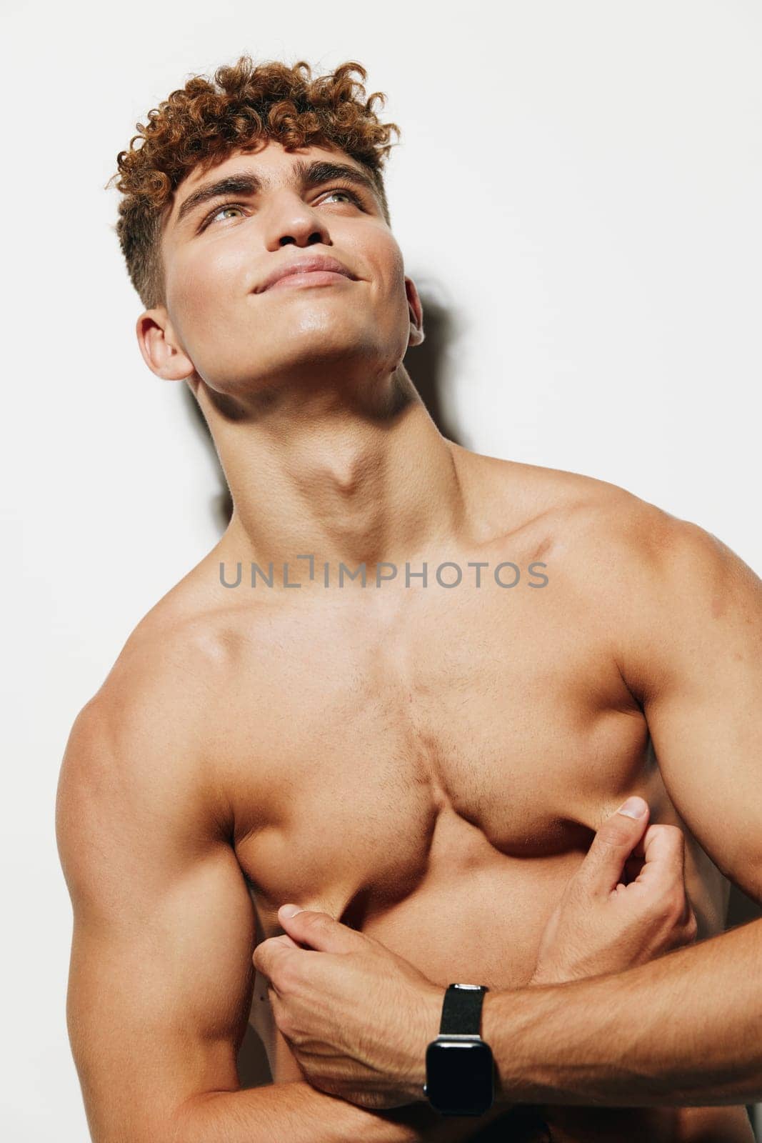 man attractive beauty adult care gray background smile young torso healthy fit athletic fitness by SHOTPRIME