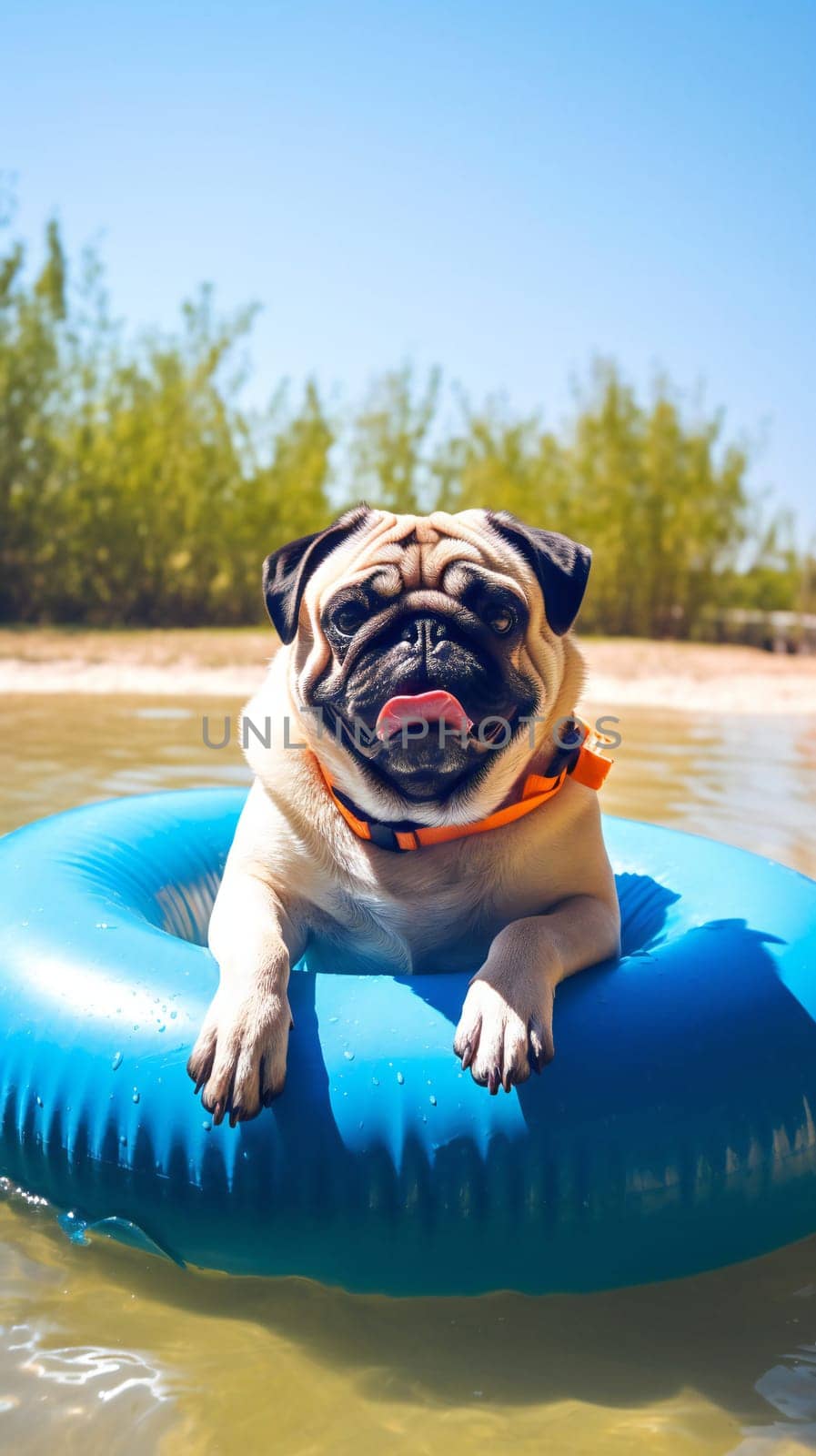 The pug dog is floating on an inflatable ring in the sea or river or pond