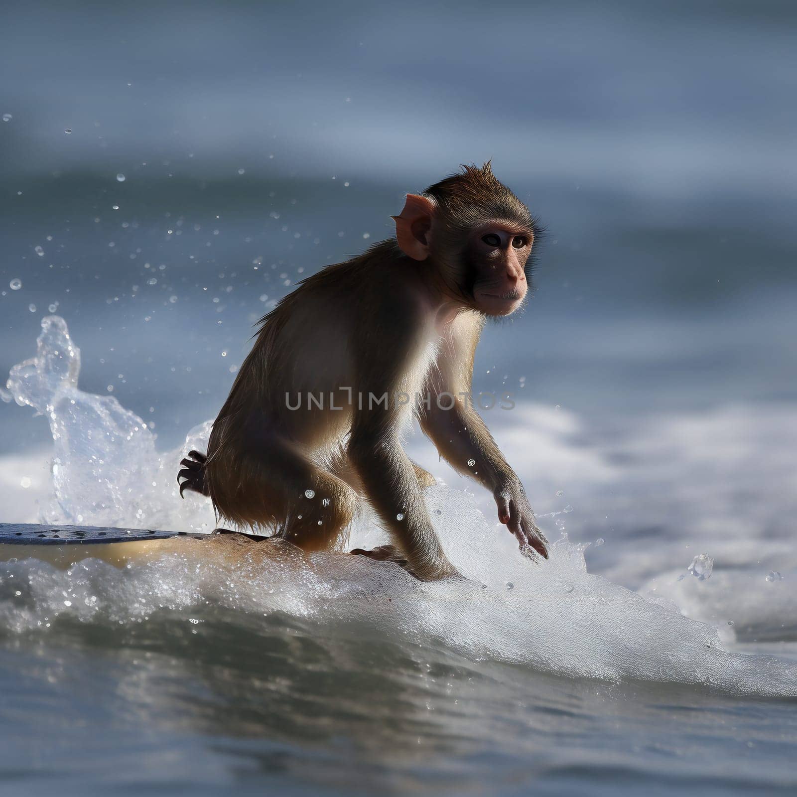 Monkey animal playing on beach in sea - side portrait. Animal primate surfer waiting for wave. Wildlife concept