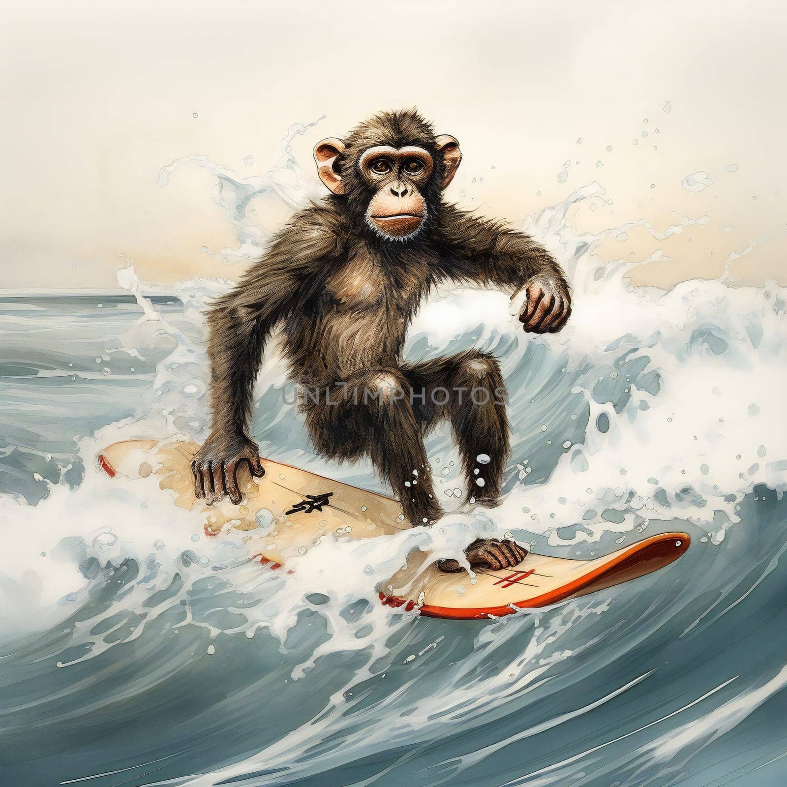 Cute Monkey Surfing With Surfboard Suitable for any creative project. Generative ai by juliet_summertime
