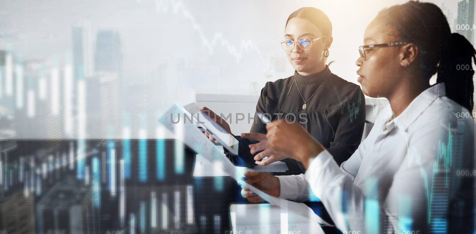 Women, tablet or documents in futuristic finance management, stock market trading or investment data analysis. Financial workers, abstract 3d or chart analytics, teamwork collaboration or technology.