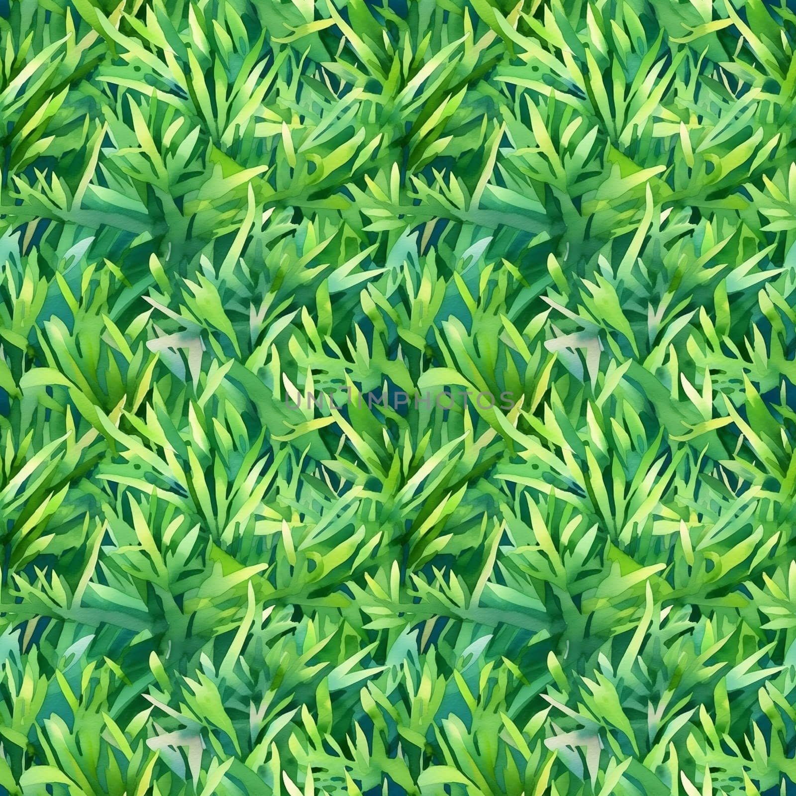 Seamless pattern: watercolor grass green lawn. Repeating leaf pattern. Realistic drawing. AI