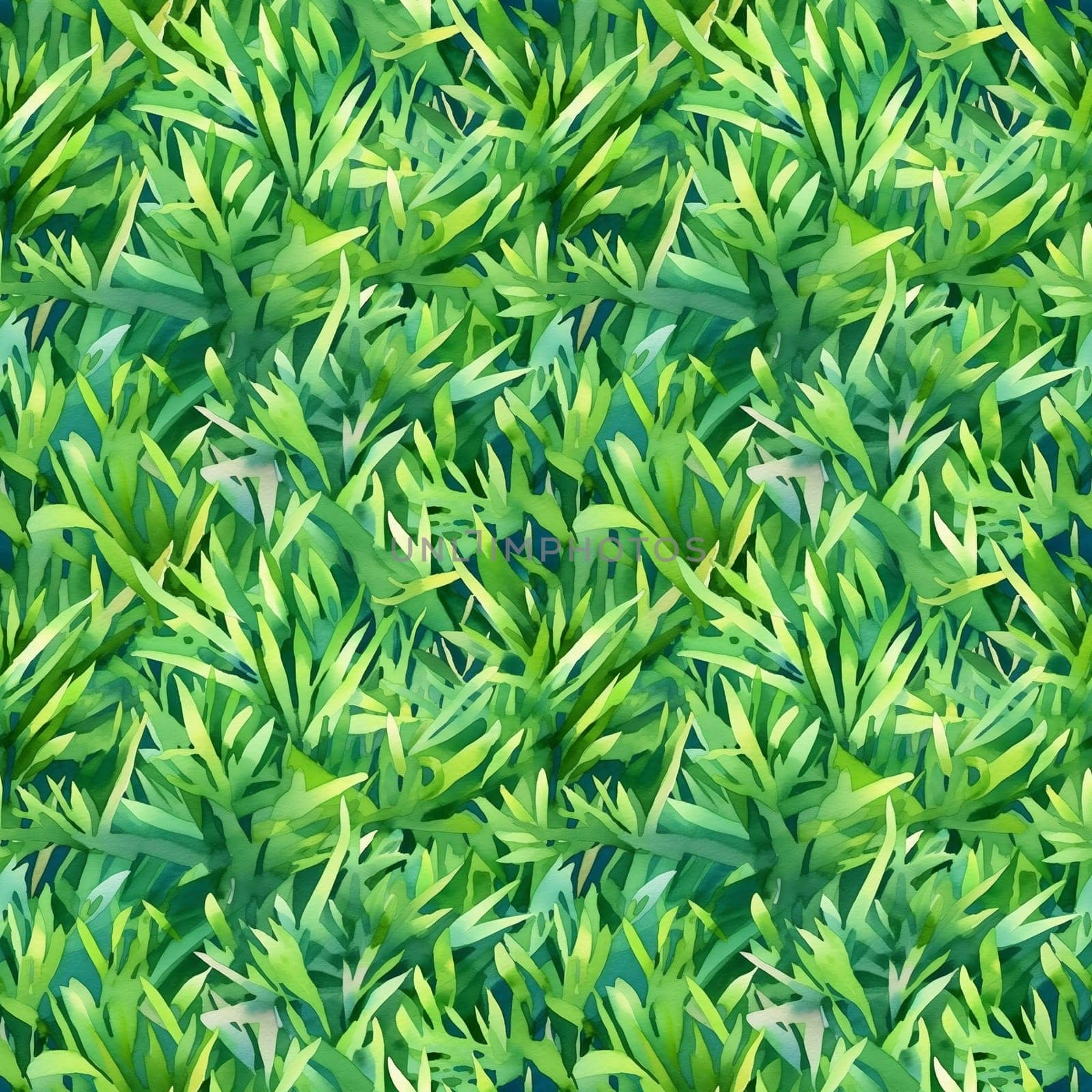 Seamless pattern: watercolor grass, green lawn. Repeating leaf pattern. Realistic drawing. generative ai by maclura